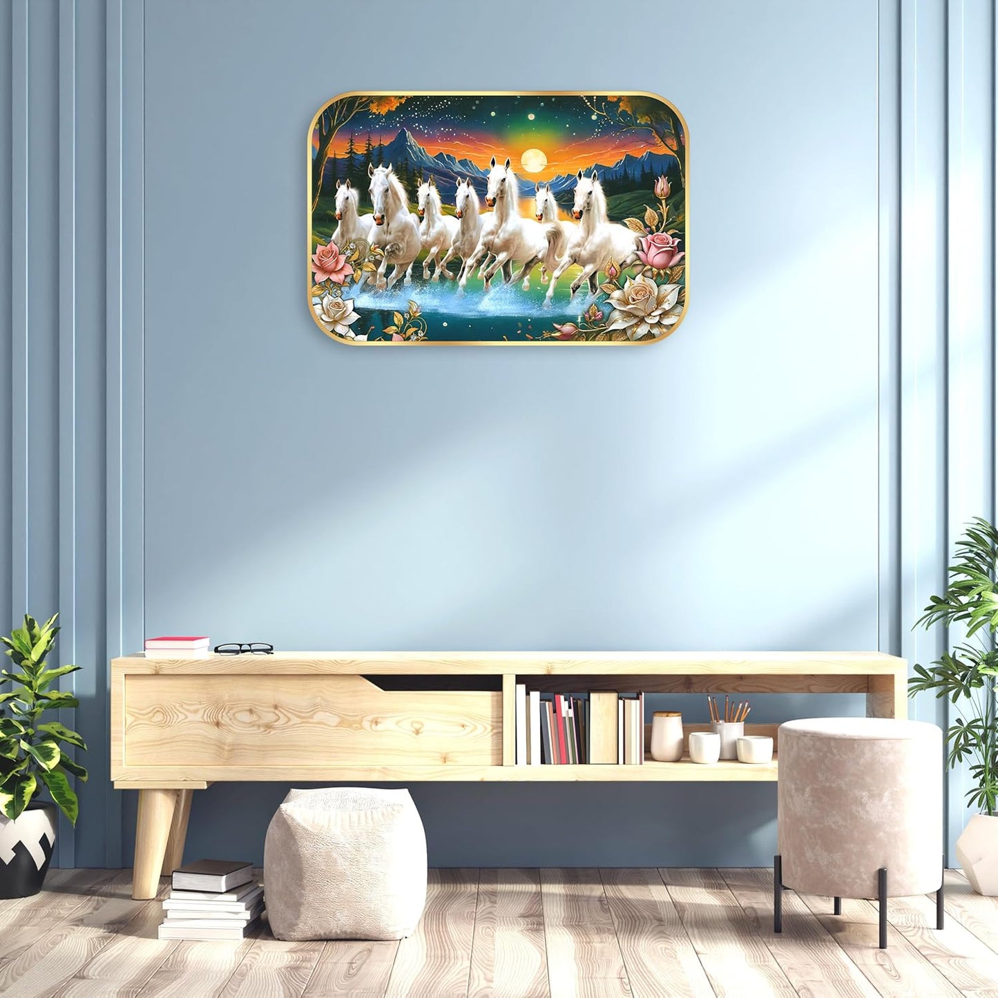 Indianara Seven Running White Horses Wall Art, Gold Frame, picturesque Scene, 45 x 30 cm (10910)