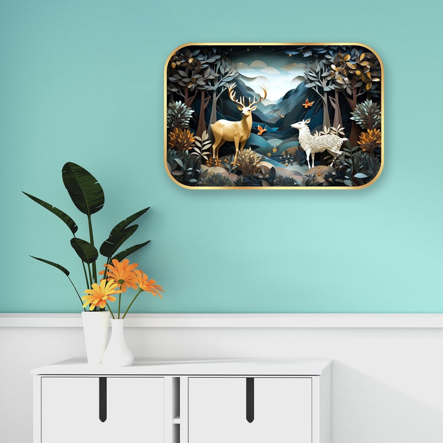 Indianara Enchanted Forest Wall Art, Gold Frame, 45 x 30 cm, Whimsical Deer Design, Indoor Decorative Print, Matte Finish