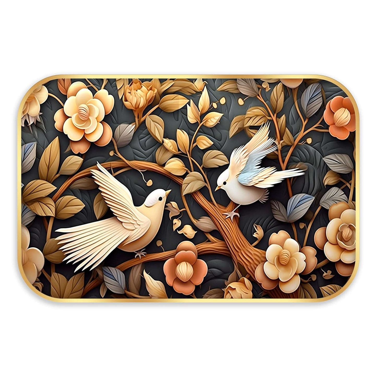 Indianara Birds and Flowers Digital Wall Art, Golden Frame with Premium Lamination, 45 x 30 cm, Black and Gold