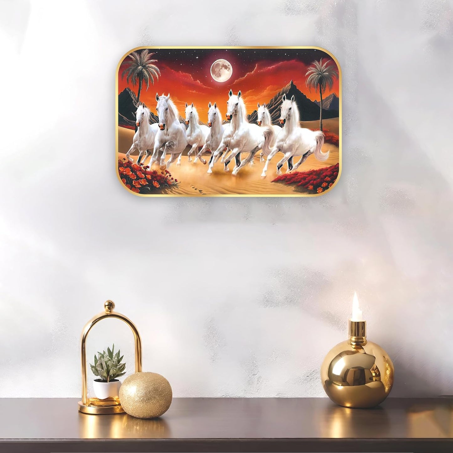 Indianara Seven Running White Horses Wall Art, Gold Frame, Night Scene with Purple Flowers, 45 x 30 cm (10912)