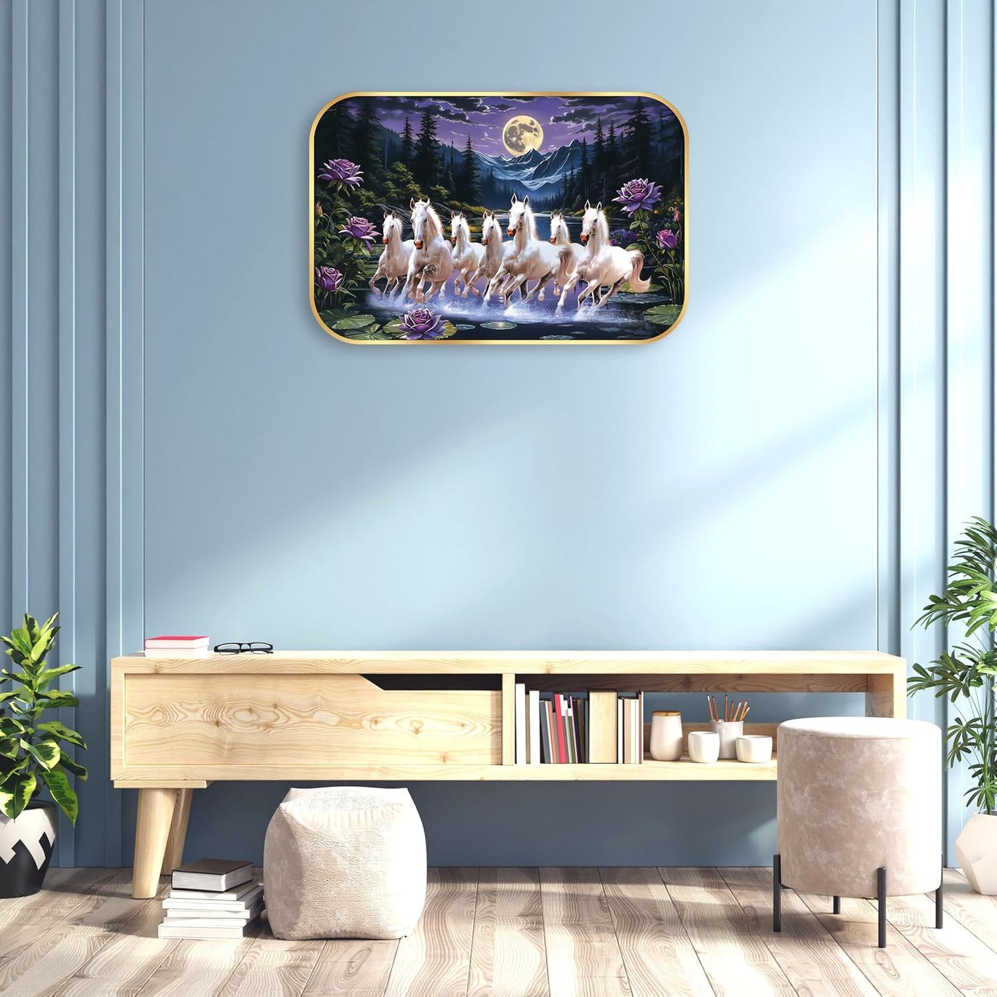 Indianara Seven Running White Horses Wall Art, Gold Frame, picturesque Scene, 45 x 30 cm
