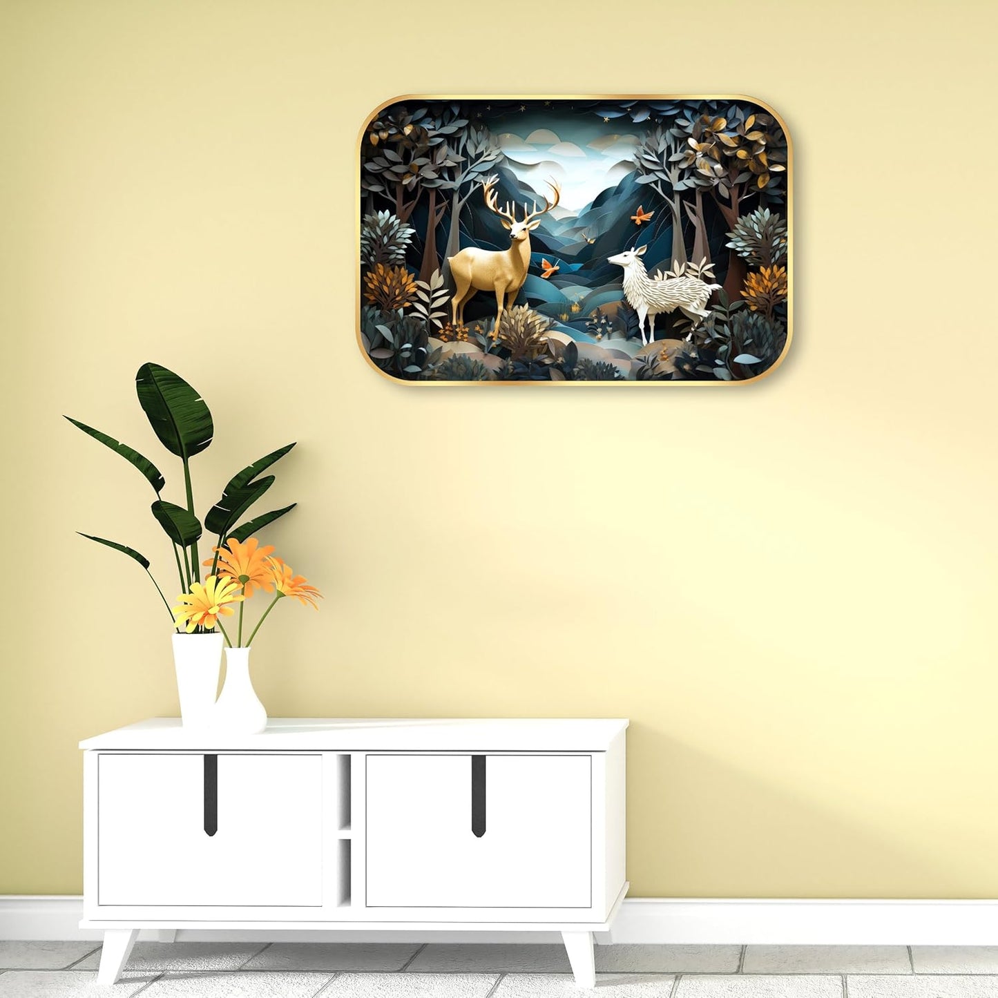 Indianara Enchanted Forest Wall Art, Gold Frame, 45 x 30 cm, Whimsical Deer Design, Indoor Decorative Print, Matte Finish