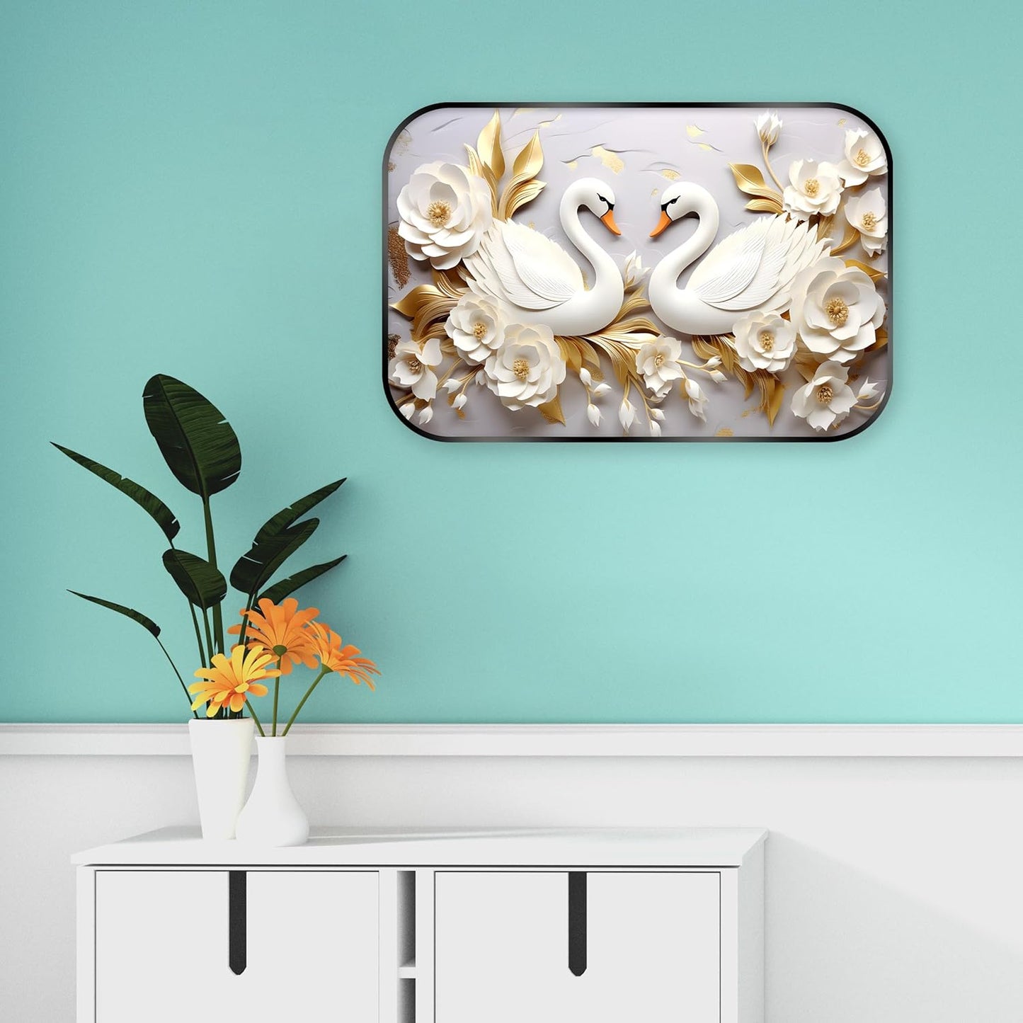 Indianara White Pair of Swan and Roses Digital Wall Art Print, Black Frame, 45 x 30 cm, Nature Theme, Landscape Orientation