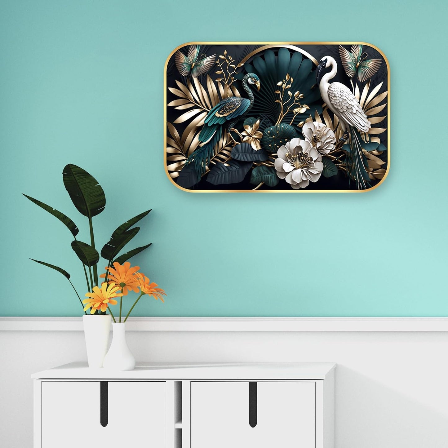Indianara Luxury Wall Art, Peacock and Crane with Golden Foliage, Digital Print with Gold Frame, 45 x 30 cm, Black