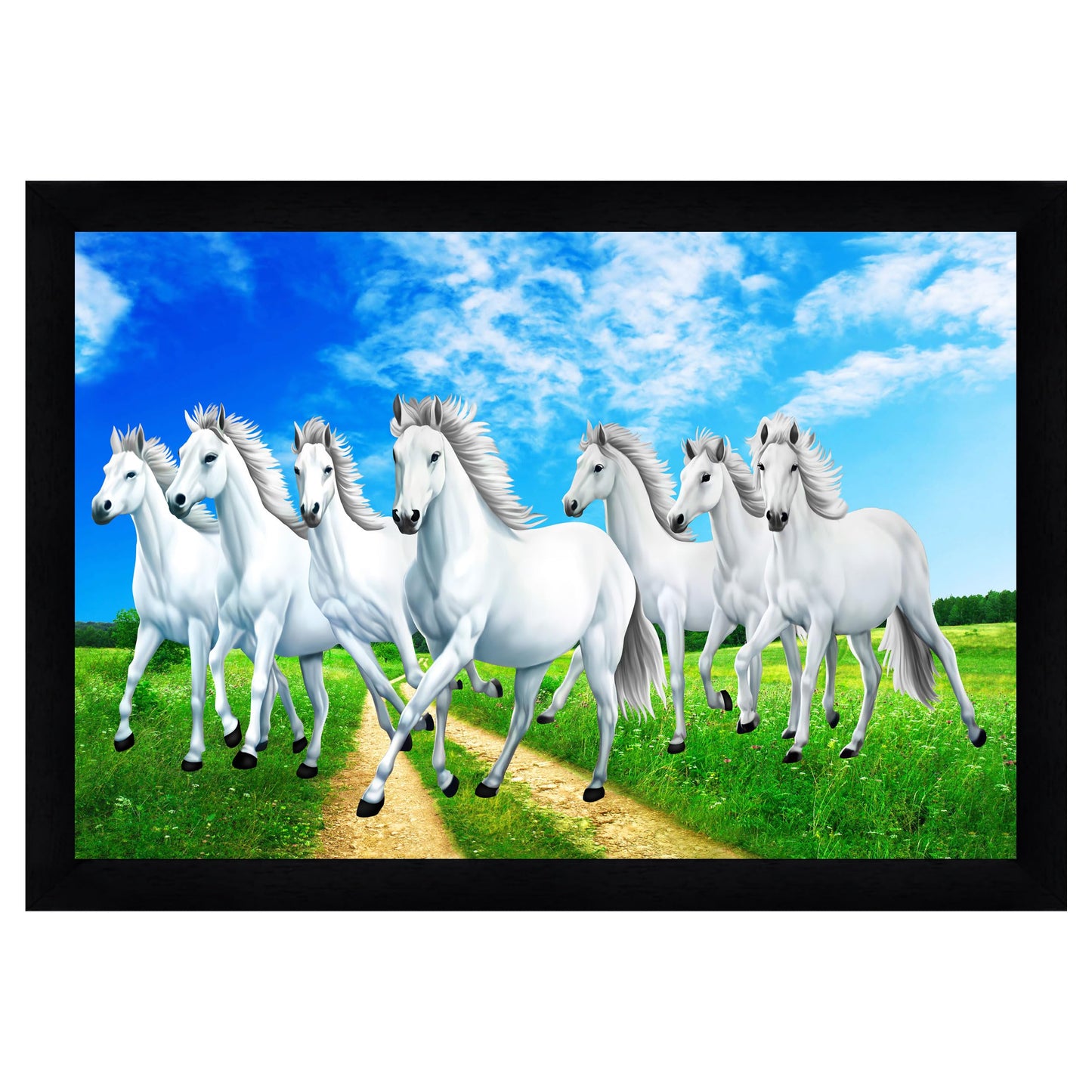 Indianara Vastu Runing Seven Horses Painting With Frame 13 Inches X 10 Inches (Style 1)