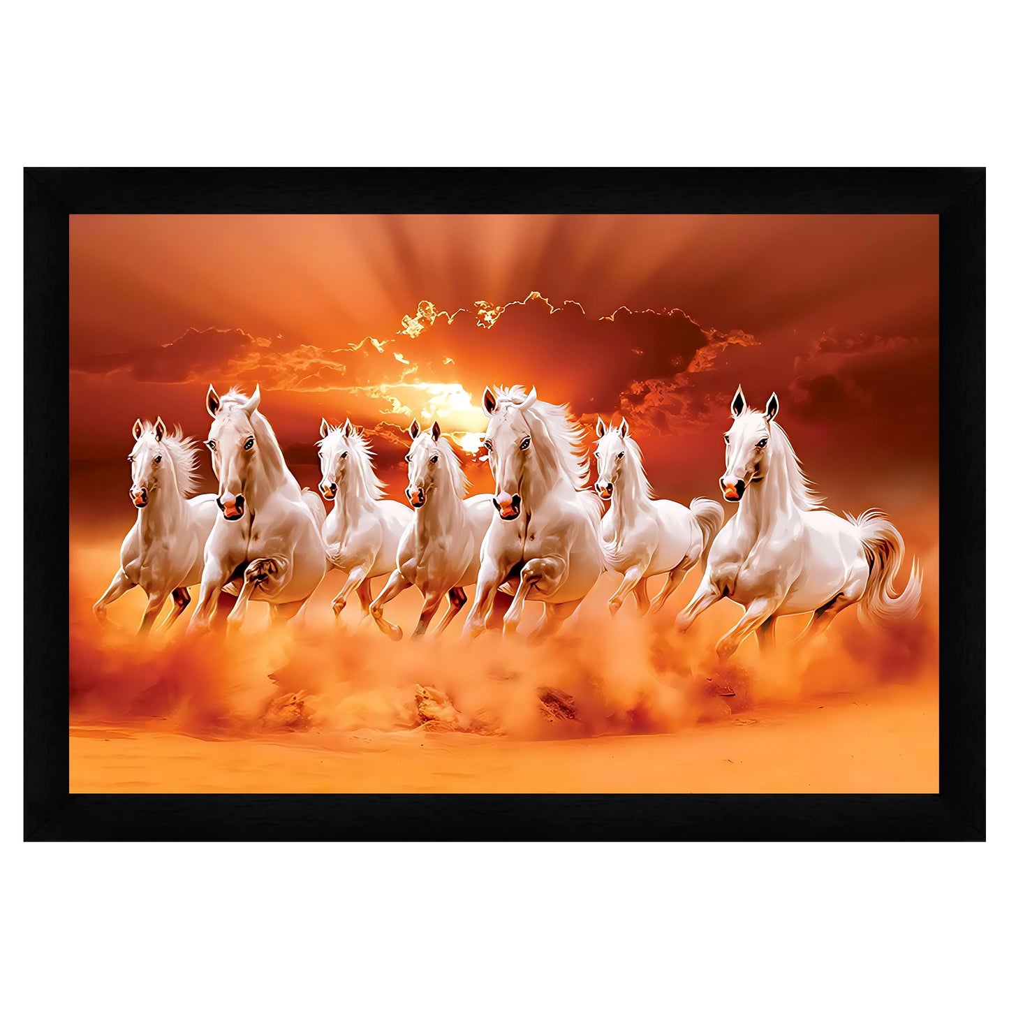 Indianara Vastu Runing Seven Horses Painting With Frame 13 Inches X 10 Inches (Style 1)