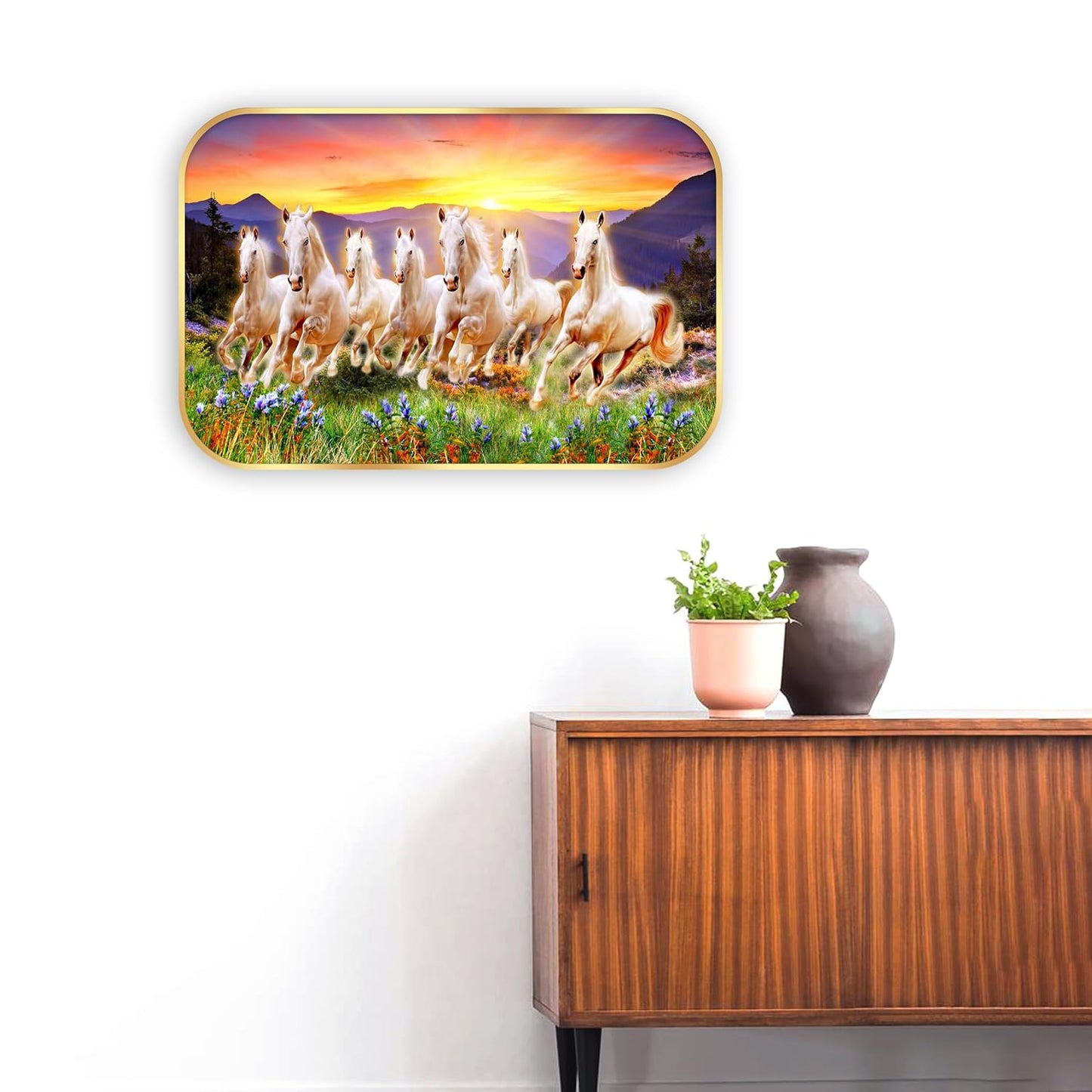 Indianara Seven Running White Horses Wall Art, Gold Frame, Night Scene with Purple Flowers, 45 x 30 cm (10931)