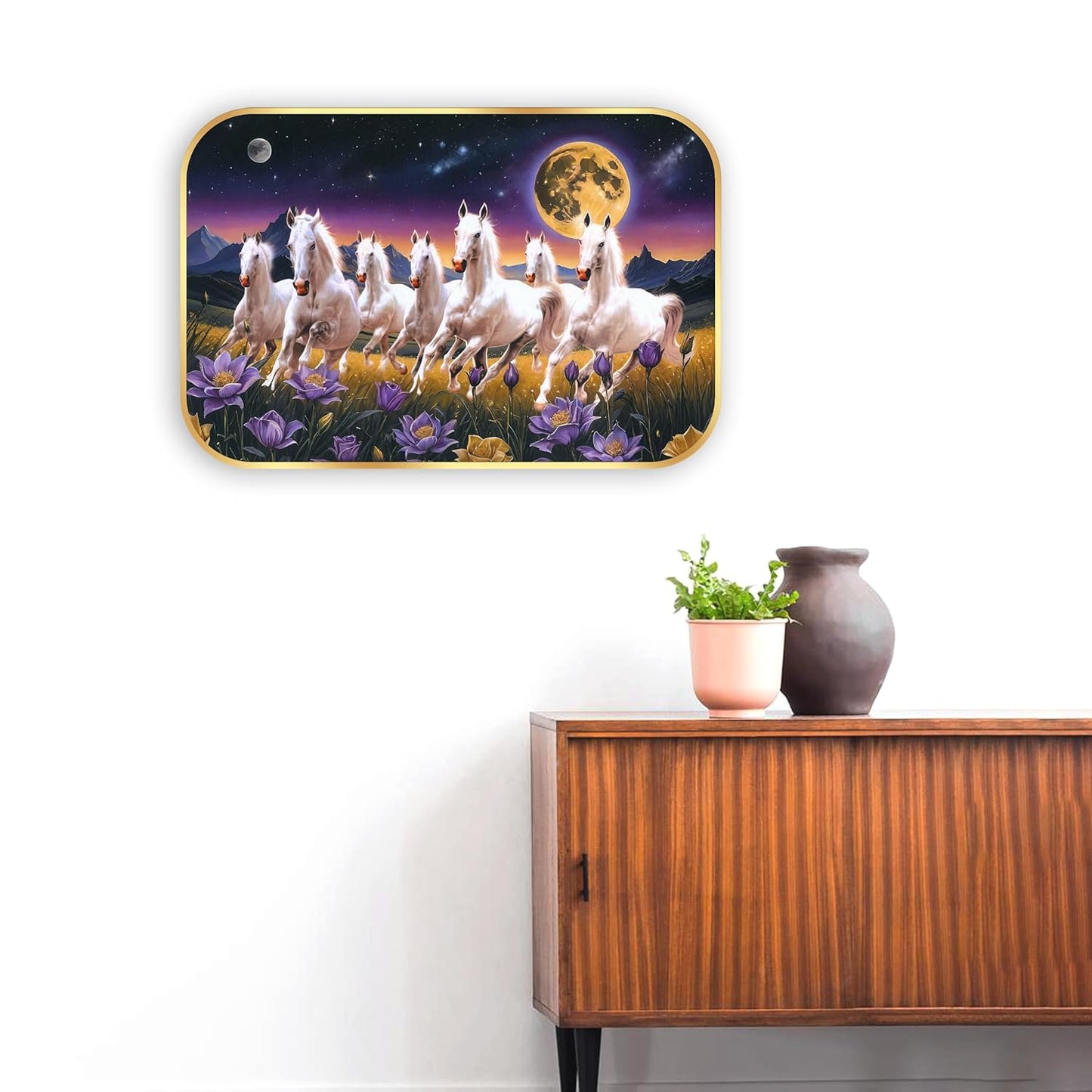 Indianara Seven Running White Horses Wall Art, Gold Frame, Night Scene with Purple Flowers, 45 x 30 cm (10911)