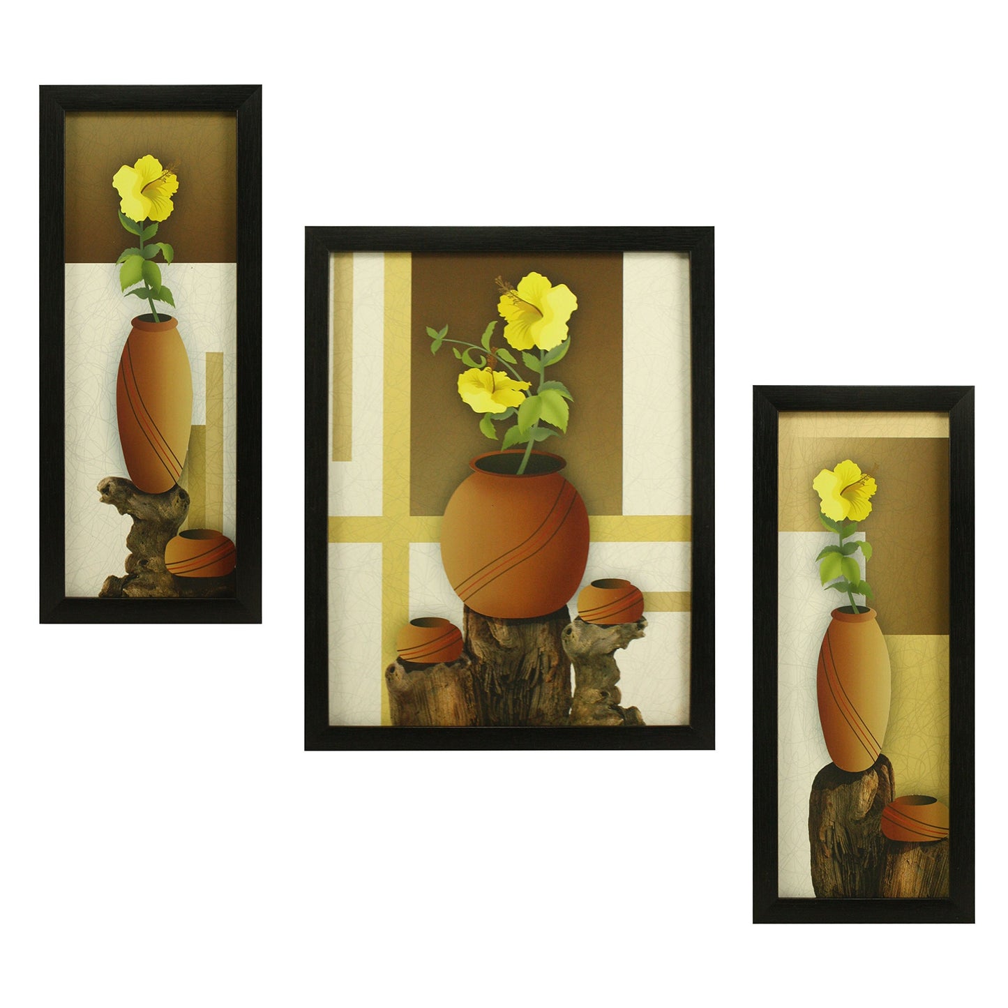 Indianara 3 Pc Set Of Still Life Paintings Without Glass 5.2 X 12.5, 9.5 X 12.5, 5.2 X 12.5 Inch (6 X 13, 10.2 X 13, 6 X 13 INCH, Brown)
