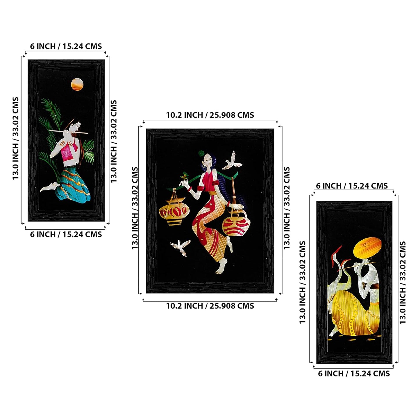 Indianara 3 Pc Set Of Still Art Paintings Without Glass (6 X 13, 10.2 X 13, 6 X 13 INCH, Black)
