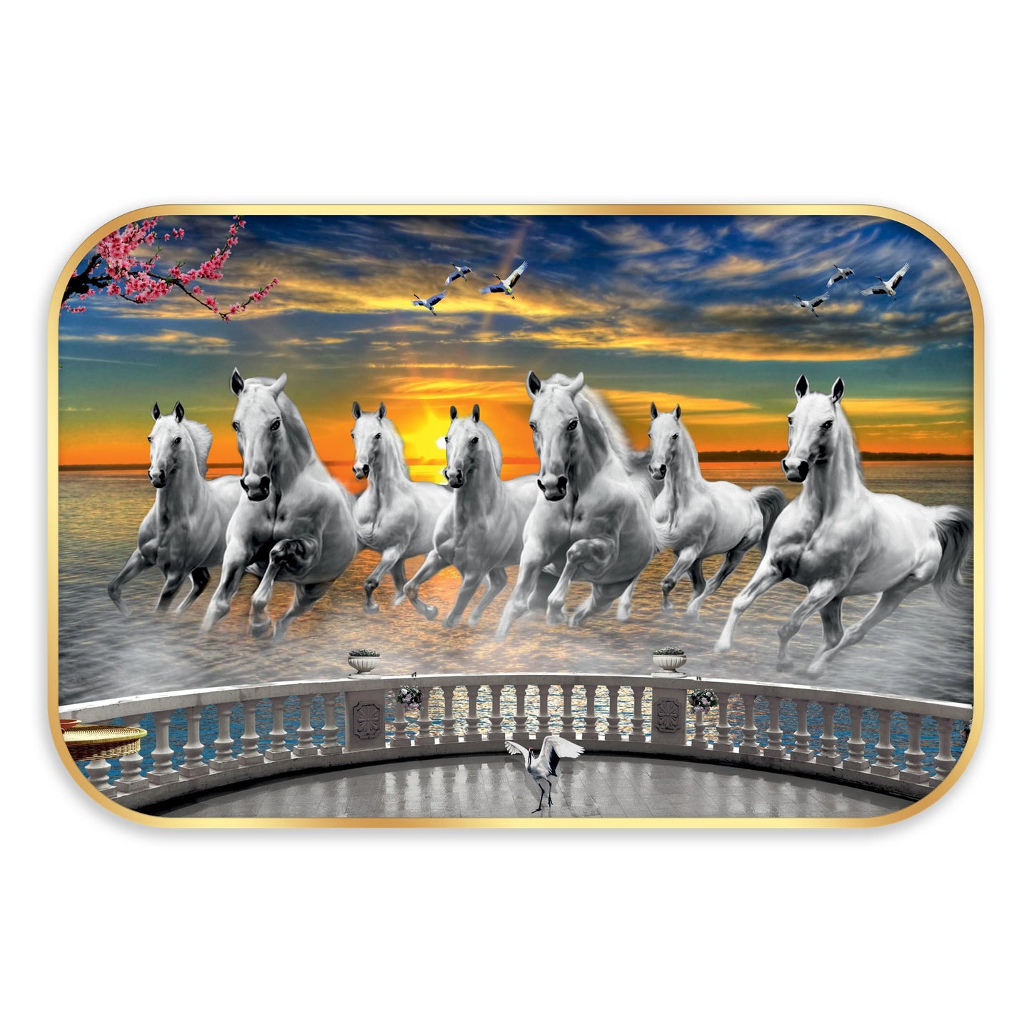 Indianara Vastu Running Seven Horse Painting With Frame 18 Inches X 12 Inches (Style1)