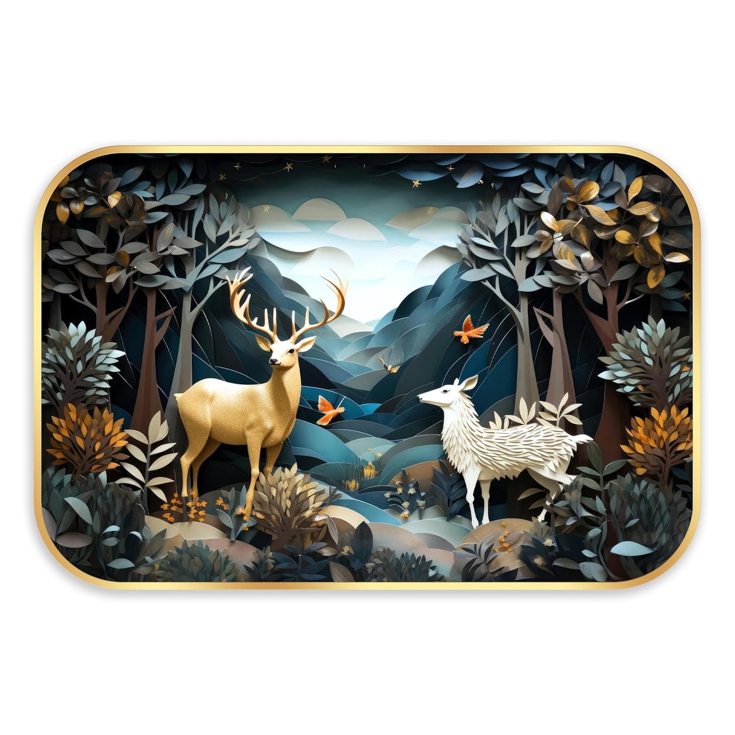 Indianara Enchanted Forest Wall Art, Gold Frame, 45 x 30 cm, Whimsical Deer Design, Indoor Decorative Print, Matte Finish