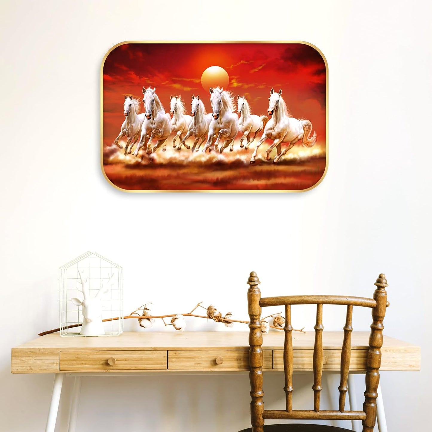 Indianara Seven Running White Horses Vastu Wall Art, Gold Frame, Digital Print, 45 x 30 cm (10927)