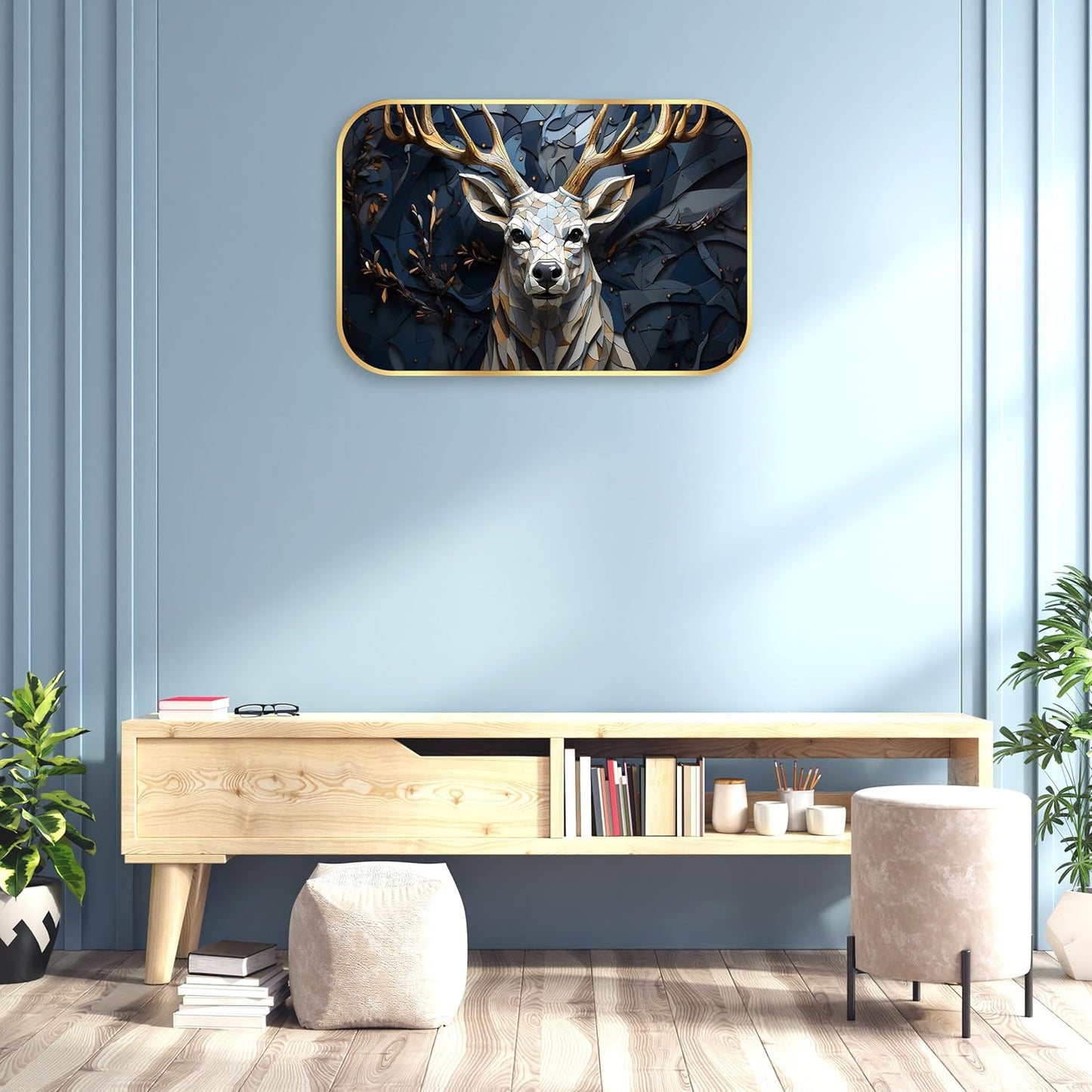 Indianara 3D Geometric Deer Wall Art, Gold Frame, 45 x 30 cm, Digital Print, Modern Design