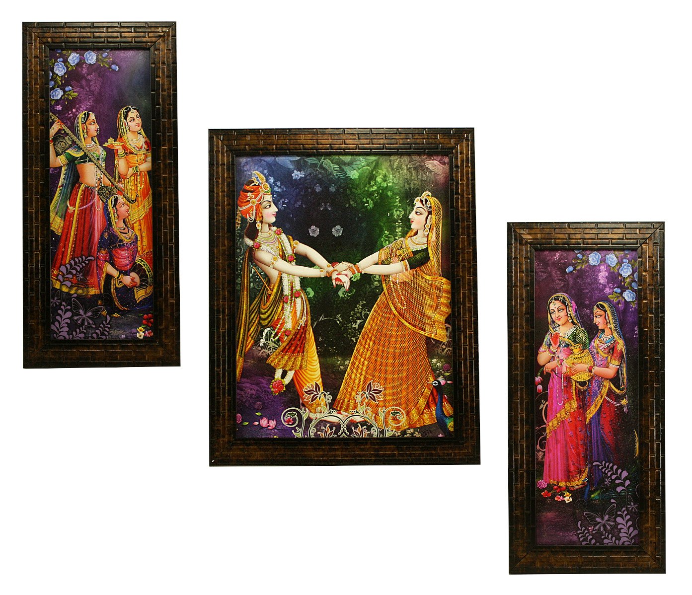 Indianara 3 PC Set of Radha Krishna Art Paintings (1170) Without Glass 5.2 X 12.5, 9.5 X 12.5, 5.2 X 12.5 inch(multicolor1170)