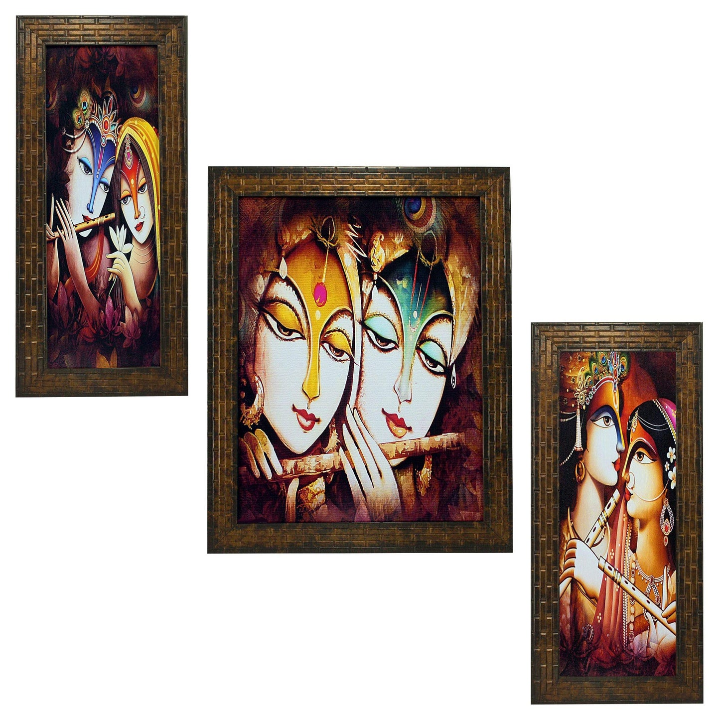 Indianara 3 PC Set of Radha Krishna Art Paintings (1170) Without Glass 5.2 X 12.5, 9.5 X 12.5, 5.2 X 12.5 inch(multicolor1170)