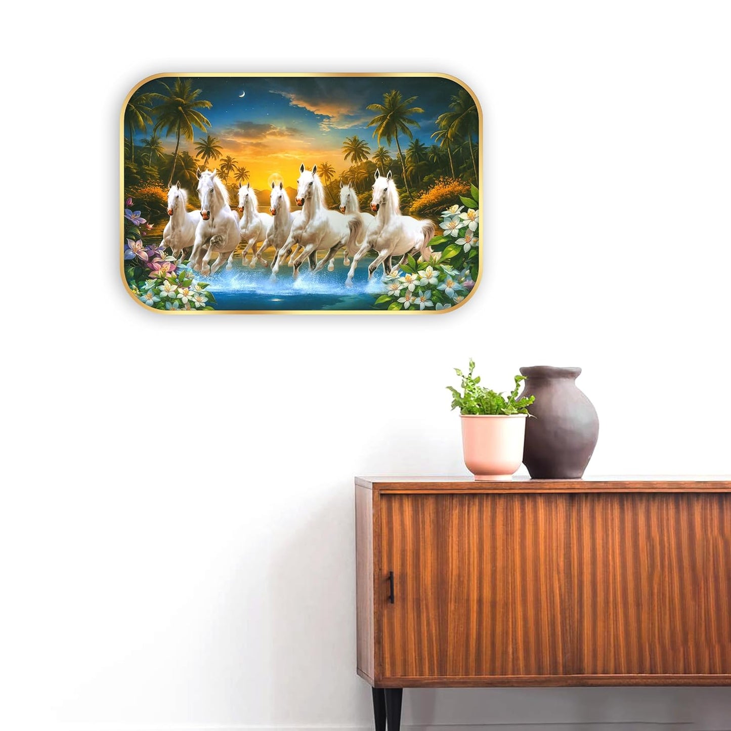 Indianara Seven Running White Horses Wall Art, Gold Frame, picturesque Scene, 45 x 30 cm (10908)