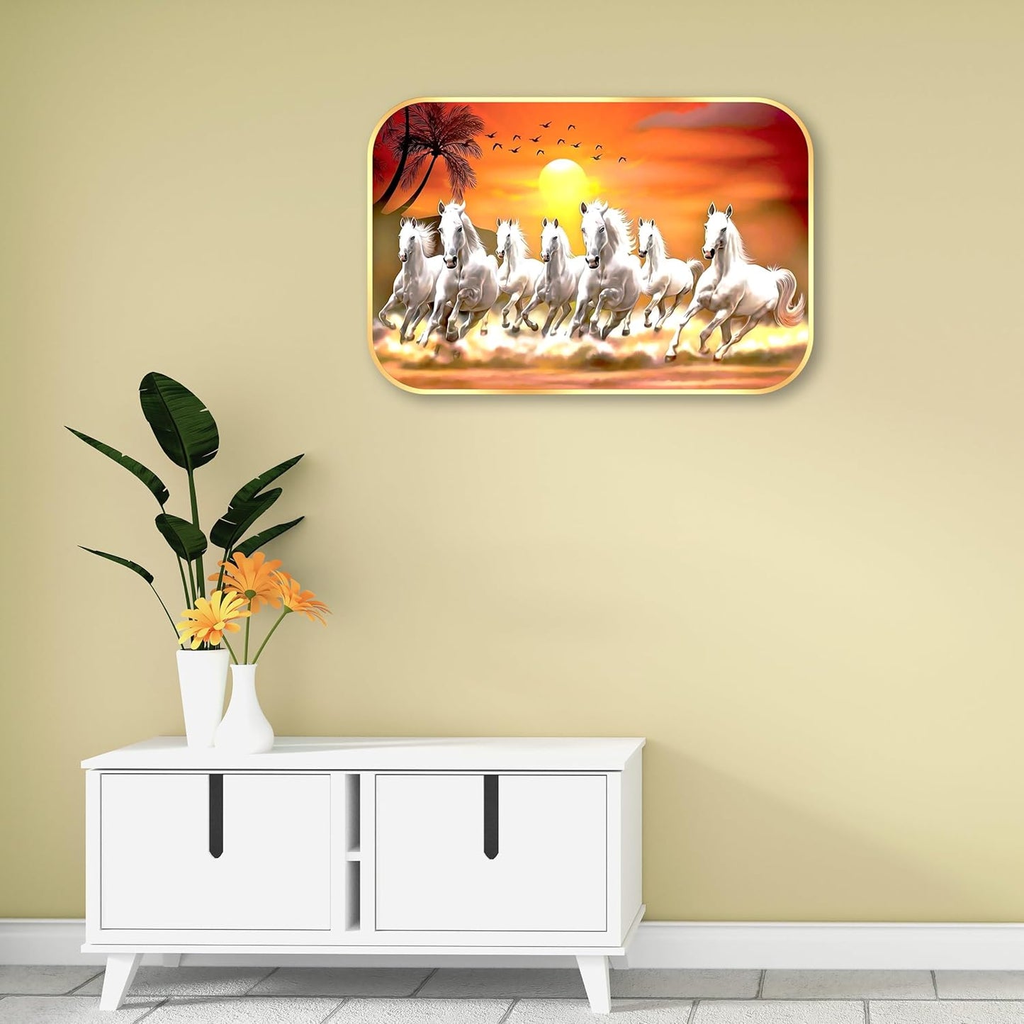 Indianara Vastu Running Seven Horse Painting With Frame 18 Inches X 12 Inches (Style1)
