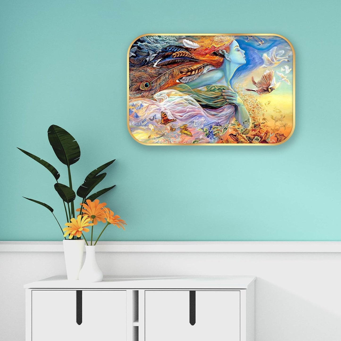 Indianara Fantasy Nature Wall Art, Digital Print with Beautiful Woman Feathers and Butterflies Design, Gold Frame, 45 x 30 cm