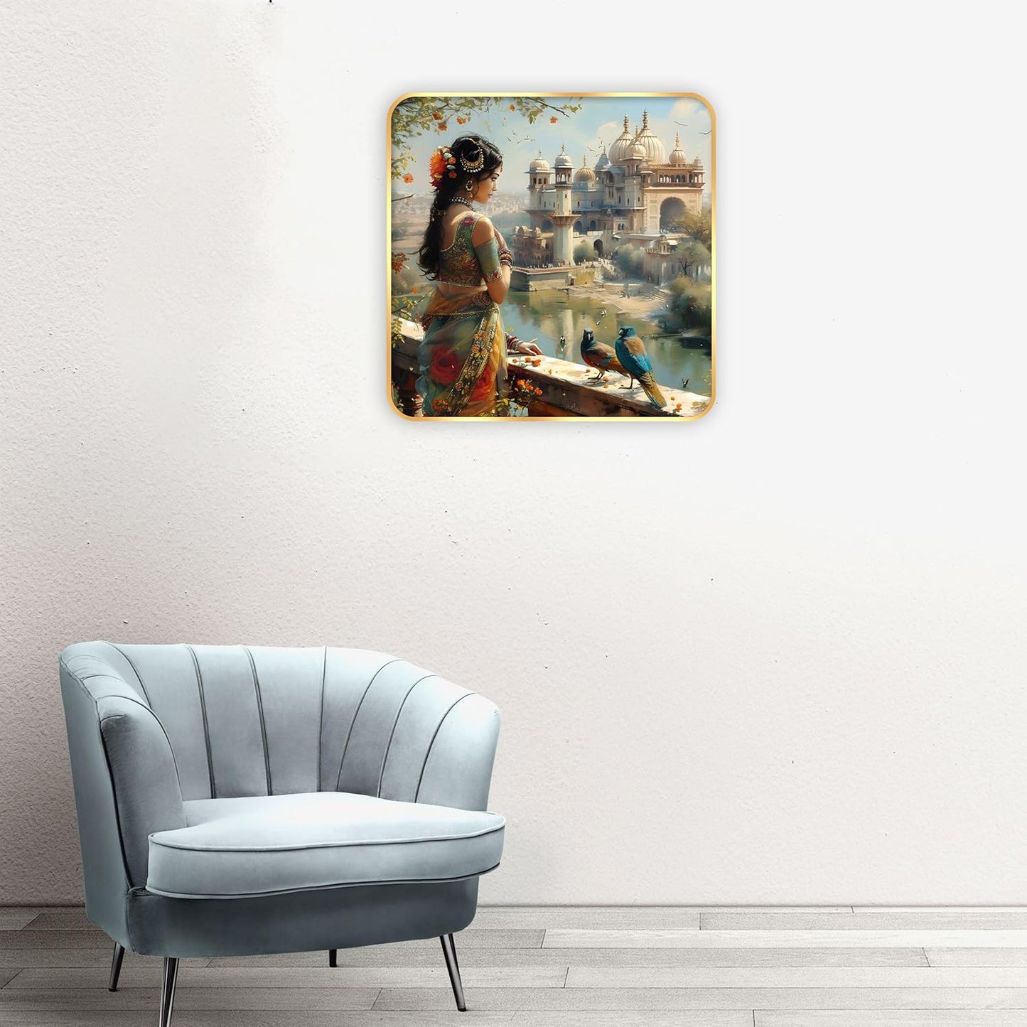 Indianara Beautiful Indian Woman Art Print with Golden Frame, Traditional Portrait, 40 cm x 40 cm, Premium Sparkle Lamination (6607)