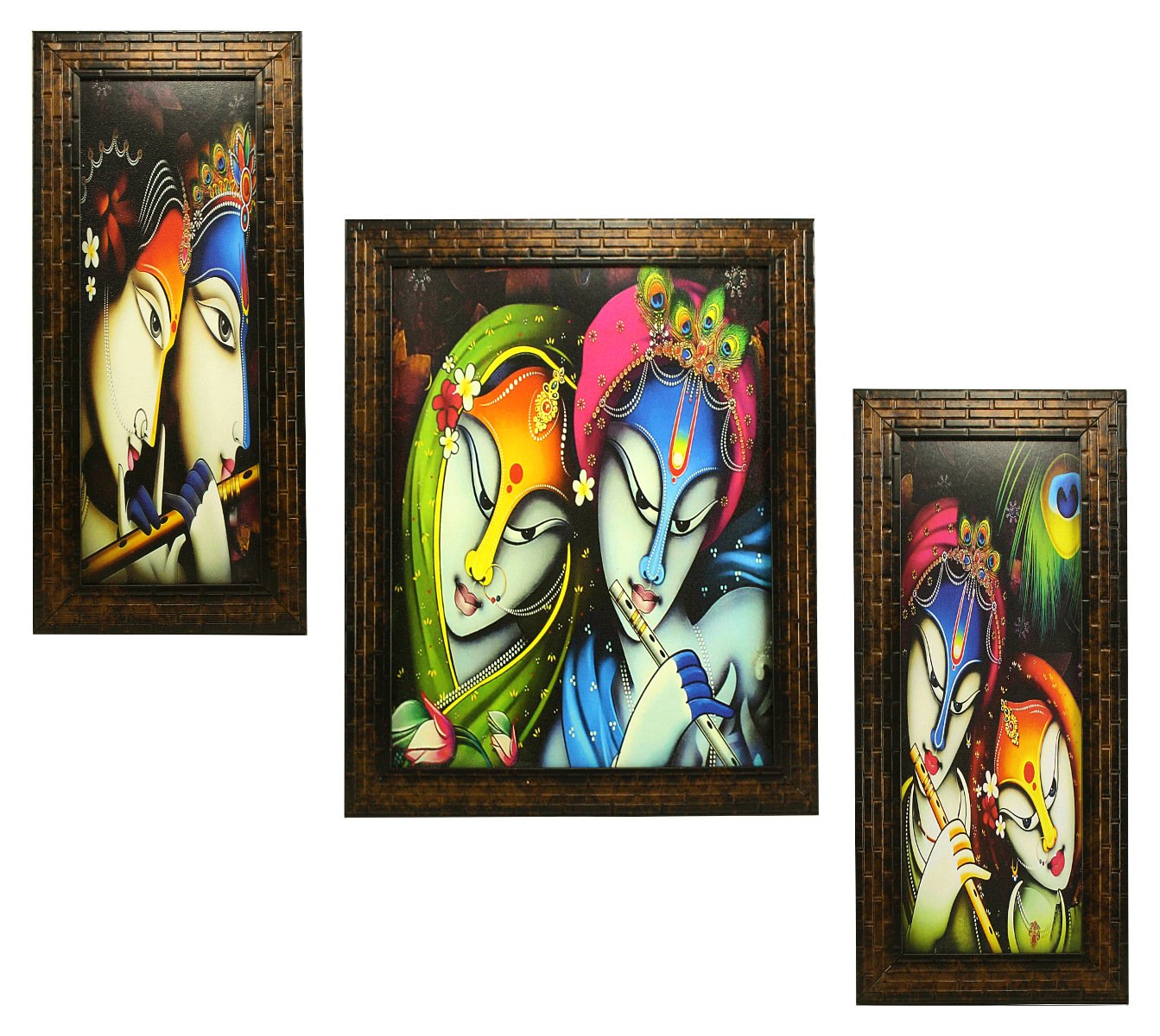 Indianara 3 Pc Set of Radha Krishna Paintings Without Glass 5.2 X 12.5, 9.5 X 12.5, 5.2 X 12.5 Inch-Multicolour