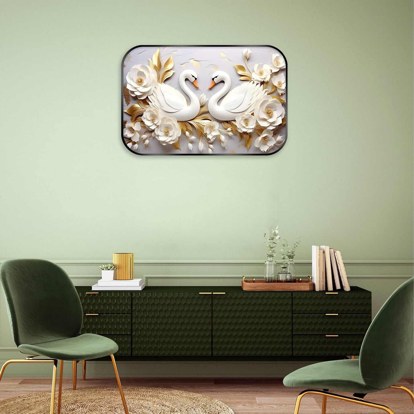 Indianara White Pair of Swan and Roses Digital Wall Art Print, Black Frame, 45 x 30 cm, Nature Theme, Landscape Orientation