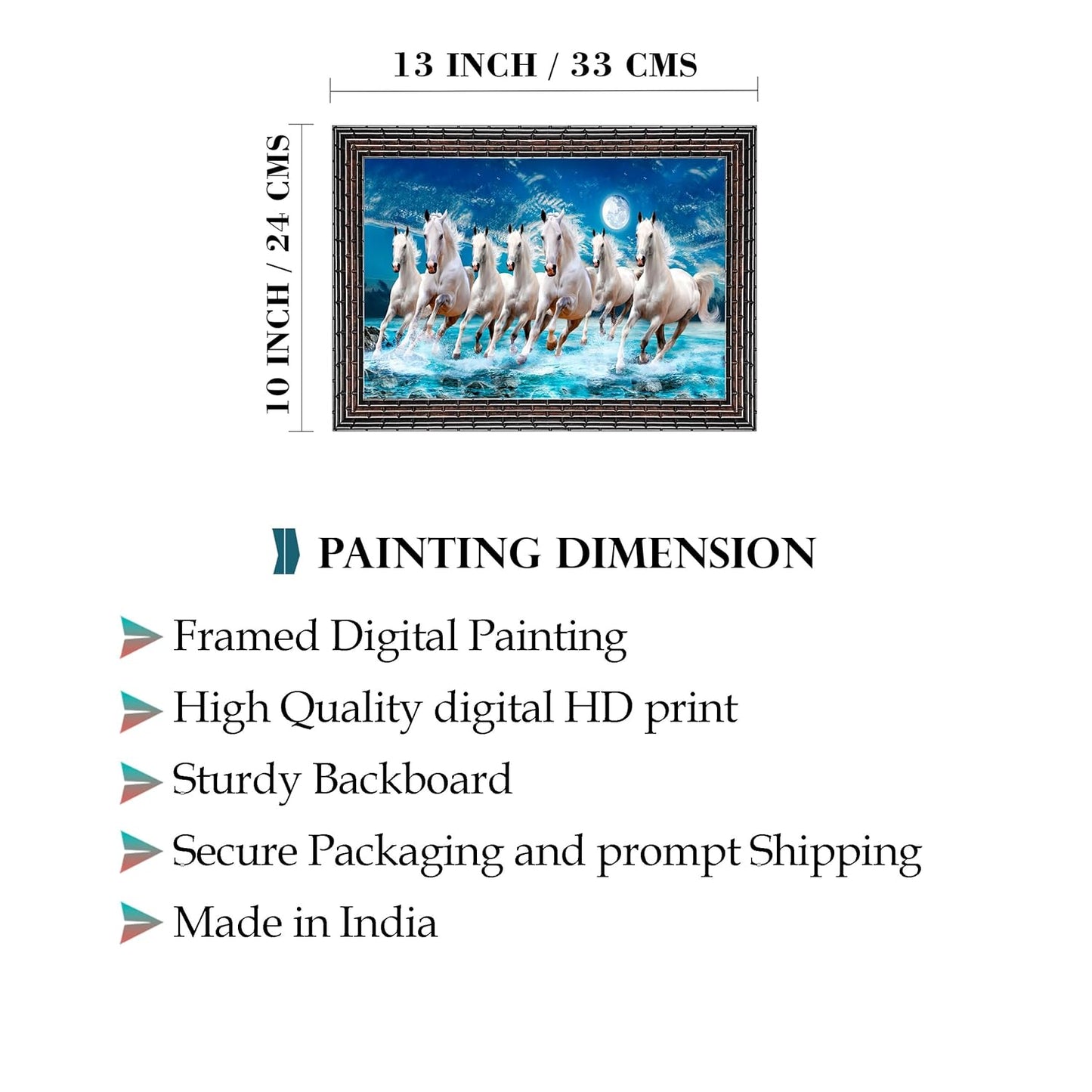 Indianara Vastu Runing Seven Horses Painting With Frame 13 Inches X 10 Inches (Style 1)