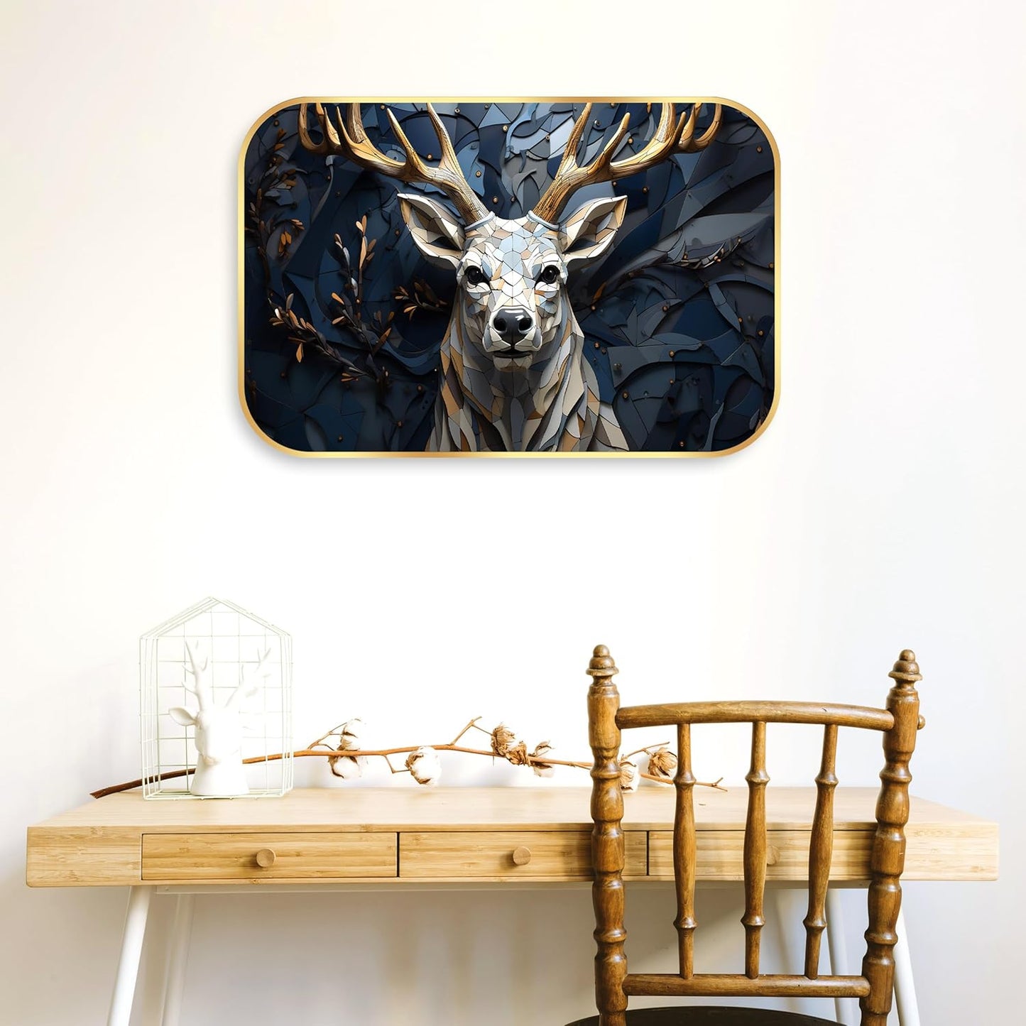 Indianara 3D Geometric Deer Wall Art, Gold Frame, 45 x 30 cm, Digital Print, Modern Design