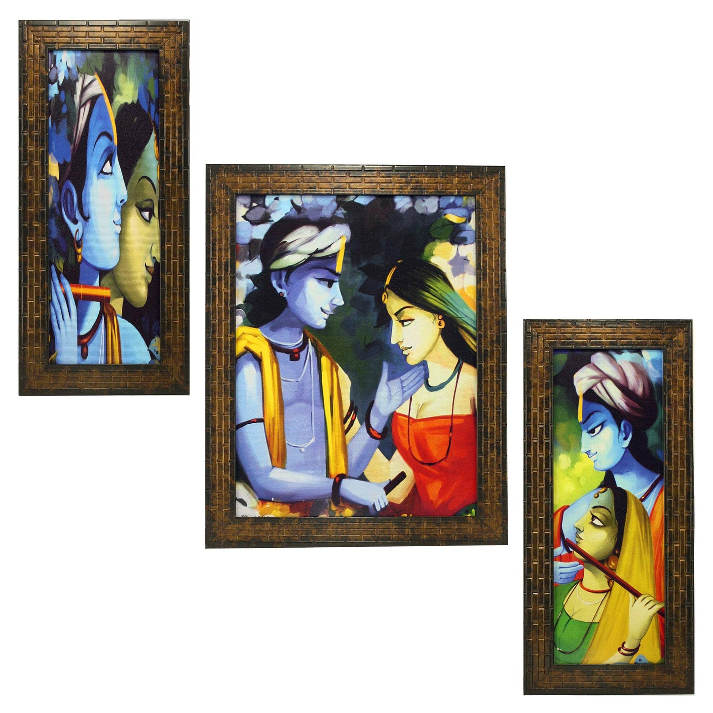 Indianara 3 PC Set of Radha Krishna Art Paintings (1170) Without Glass 5.2 X 12.5, 9.5 X 12.5, 5.2 X 12.5 inch(multicolor1170)