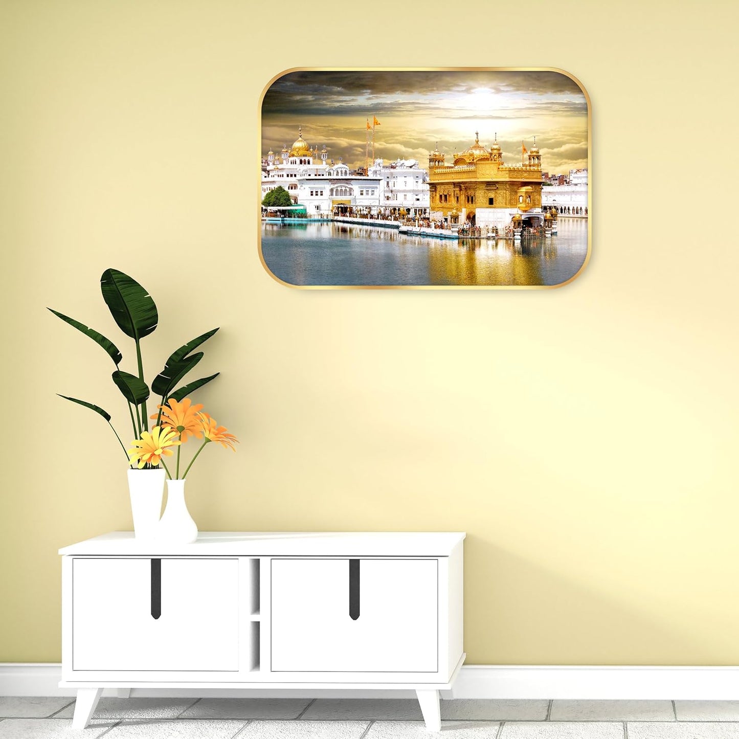 Indianara Golden Temple Amritsar Wall Art, Digital Print with Golden Frame, Premium Laminated, 45 x 30 cm