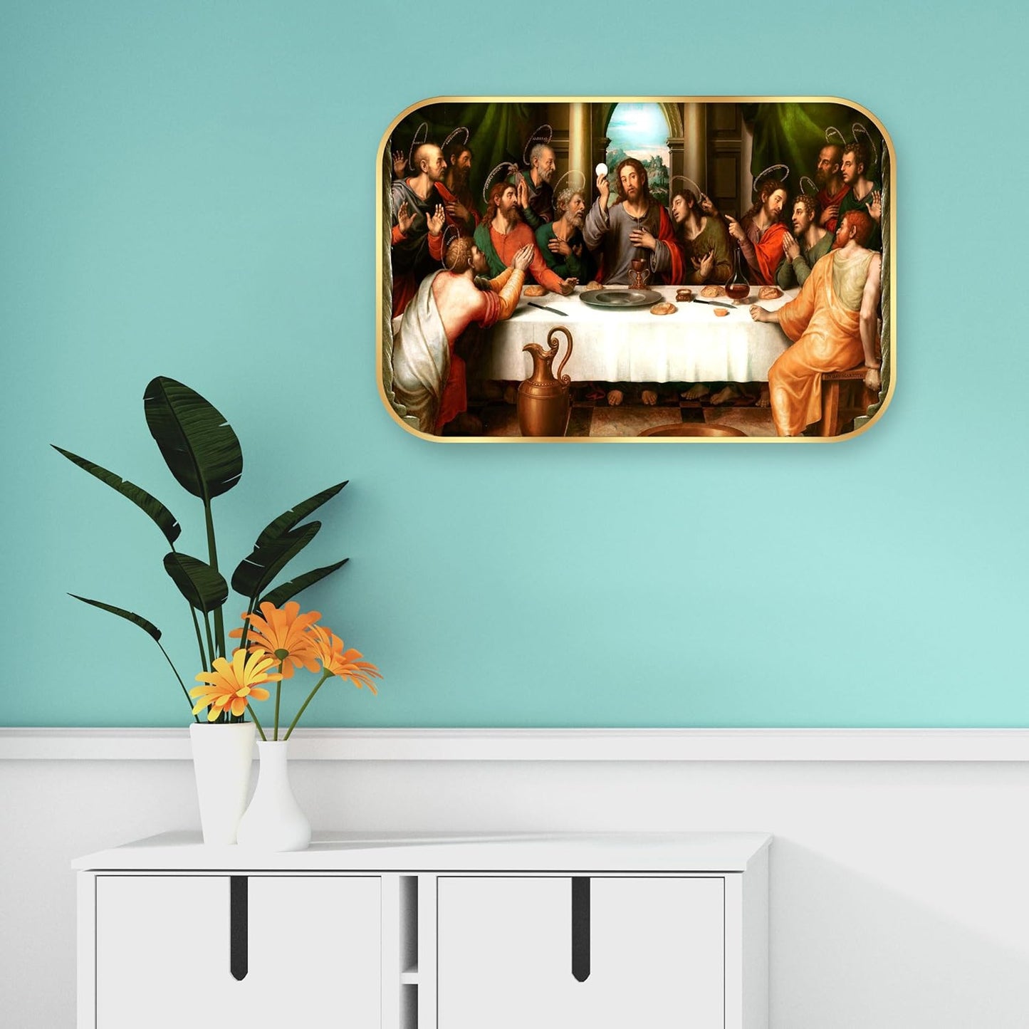 Indianara The Last Supper Wall Art, Golden Frame, 45 x 30 cm, Religious Digital Print, Matte Finish
