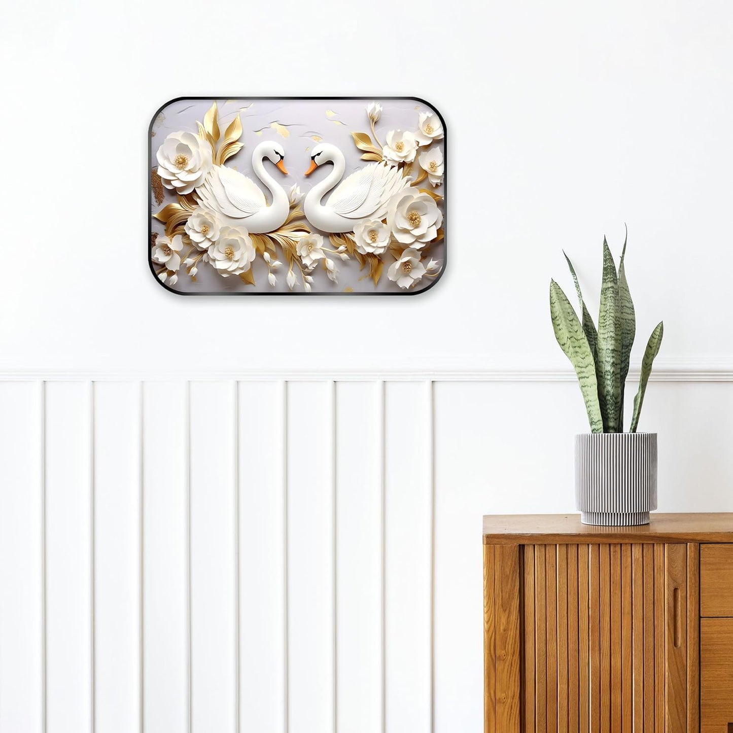 Indianara White Pair of Swan and Roses Digital Wall Art Print, Black Frame, 45 x 30 cm, Nature Theme, Landscape Orientation