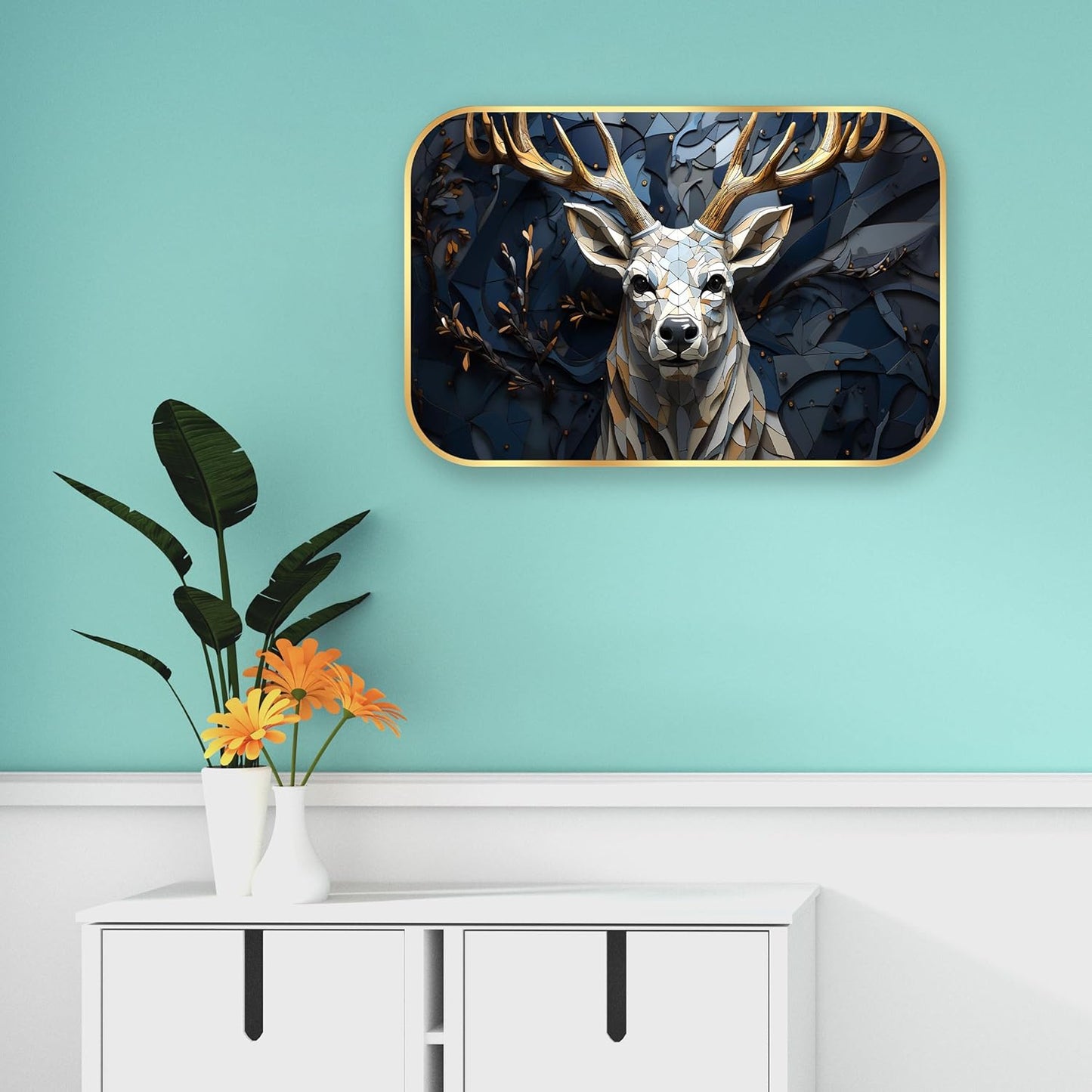 Indianara 3D Geometric Deer Wall Art, Gold Frame, 45 x 30 cm, Digital Print, Modern Design