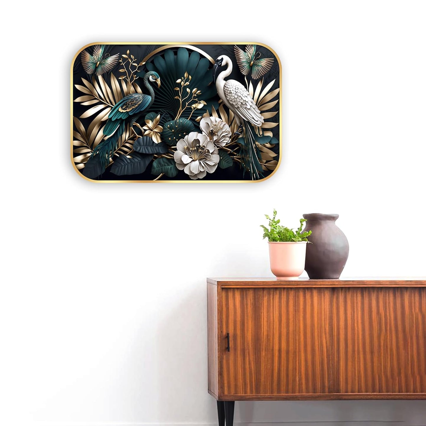 Indianara Luxury Wall Art, Peacock and Crane with Golden Foliage, Digital Print with Gold Frame, 45 x 30 cm, Black