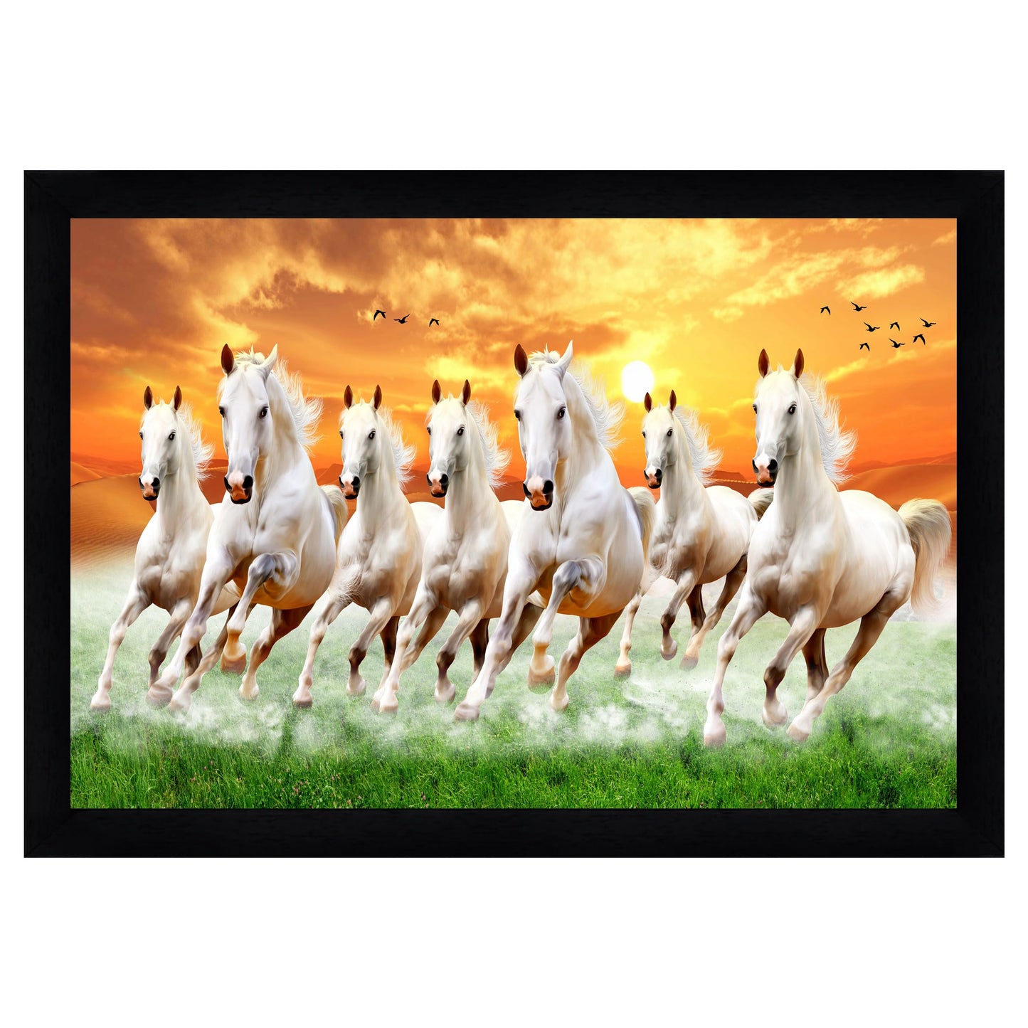 Indianara Vastu Runing Seven Horses Painting With Frame 13 Inches X 10 Inches (Style 1)