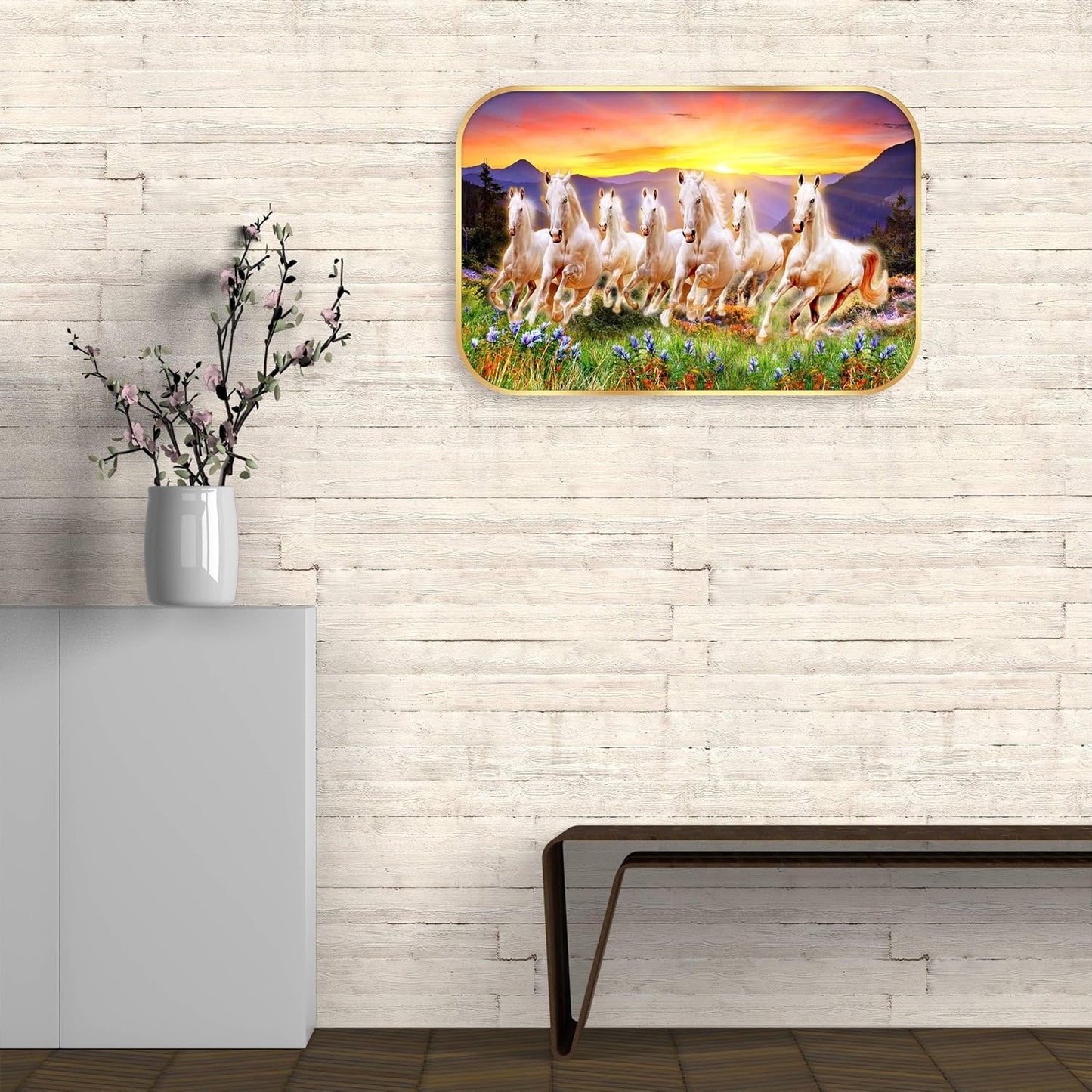 Indianara Seven Running White Horses Wall Art, Gold Frame, Night Scene with Purple Flowers, 45 x 30 cm (10931)