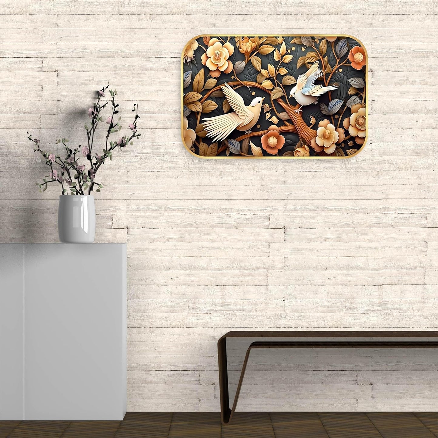 Indianara Birds and Flowers Digital Wall Art, Golden Frame with Premium Lamination, 45 x 30 cm, Black and Gold