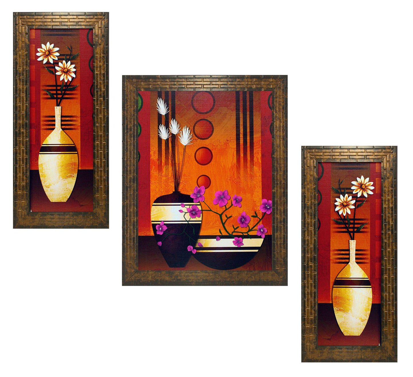 Indianara 3 Pc Set Of Still Life Paintings Without Glass 5.2 X 12.5, 9.5 X 12.5, 5.2 X 12.5 Inch (6 X 13, 10.2 X 13, 6 X 13 INCH, Brown)