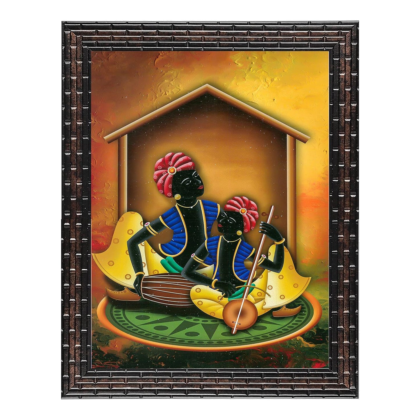 Indianara 3 PC Set of Rajasthani Folk Music & Dance Paintings (1084) Without Glass 6 X 13, 10.2 X 13, 6 X 13 inch-Multicolour