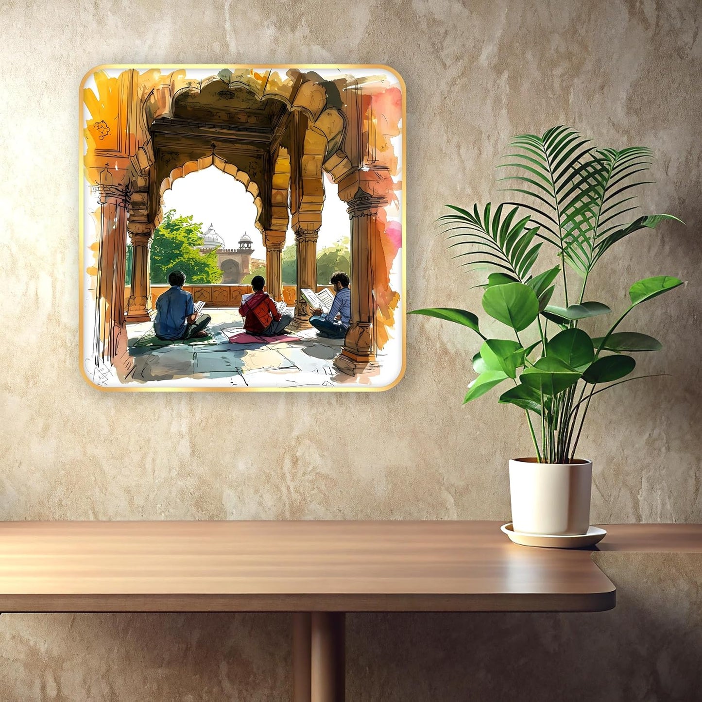 Indianara Traditional Indian Art Wall Painting, Architectural Scene, Premium Sparkle Lamination, Golden Frame, 40 cm x 40 cm (6603)