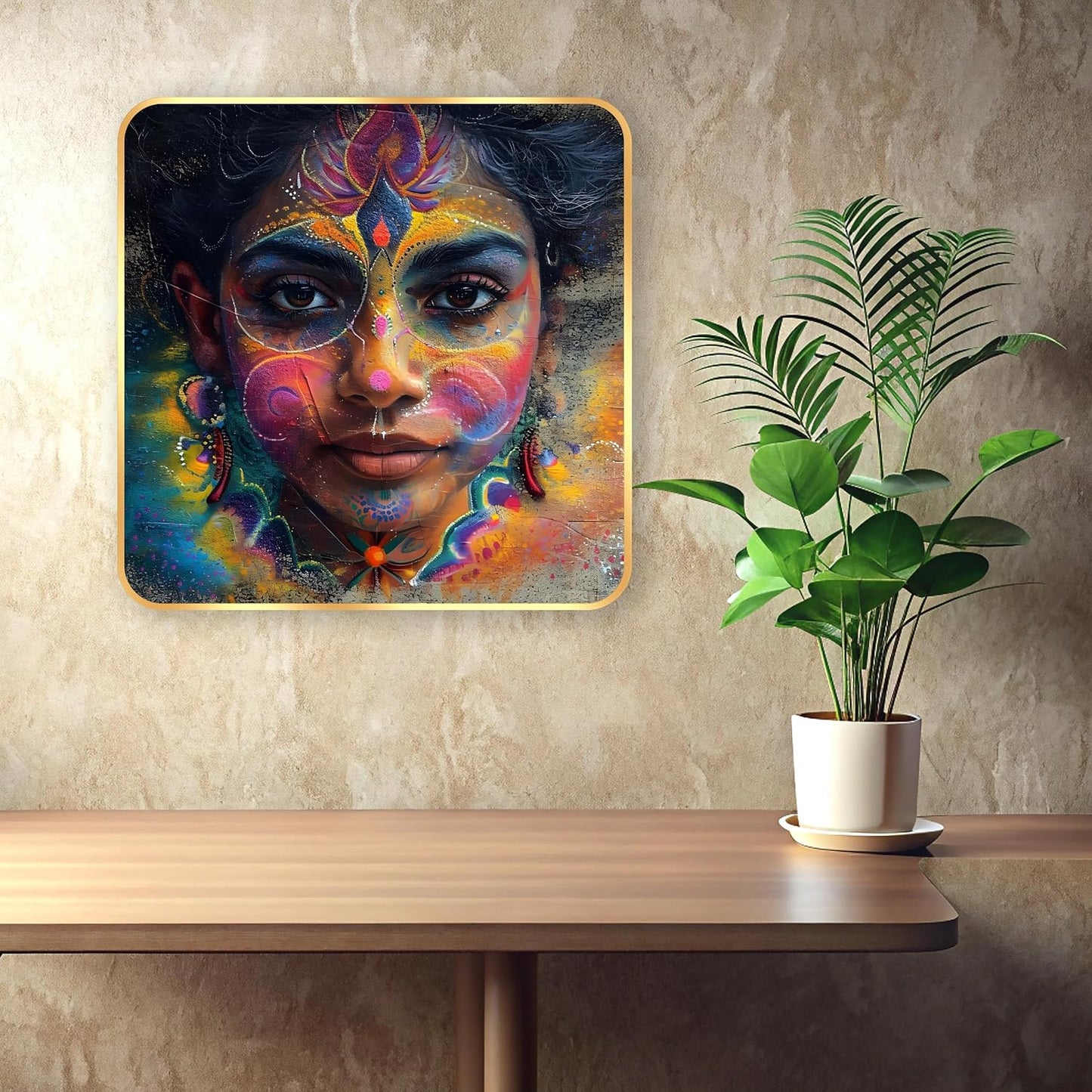 Indianara Beautiful Indian Woman Art Print with Golden Frame, Traditional Portrait, 40 cm x 40 cm, Premium Sparkle Lamination (6605)