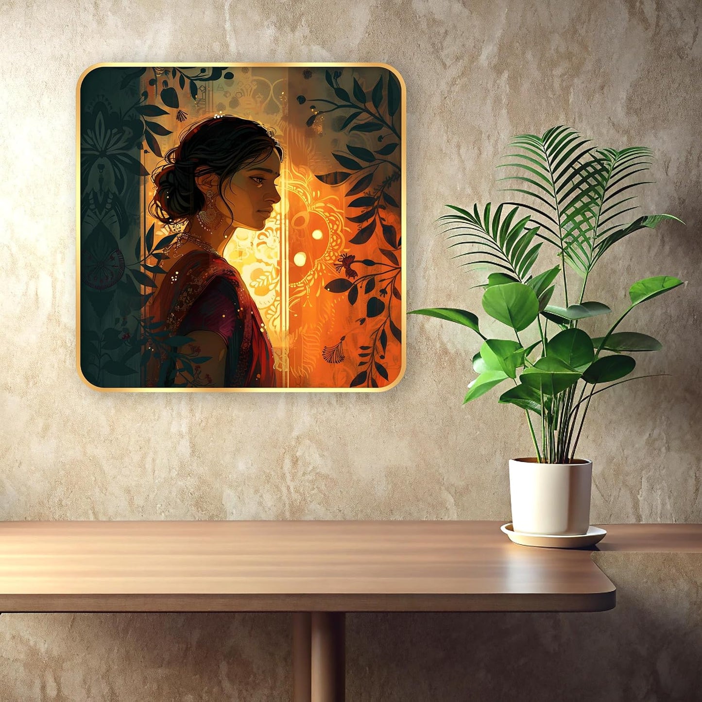 Indianara Beautiful Indian Woman Art Print with Golden Frame, Traditional Portrait, 40 cm x 40 cm, Premium Sparkle Lamination