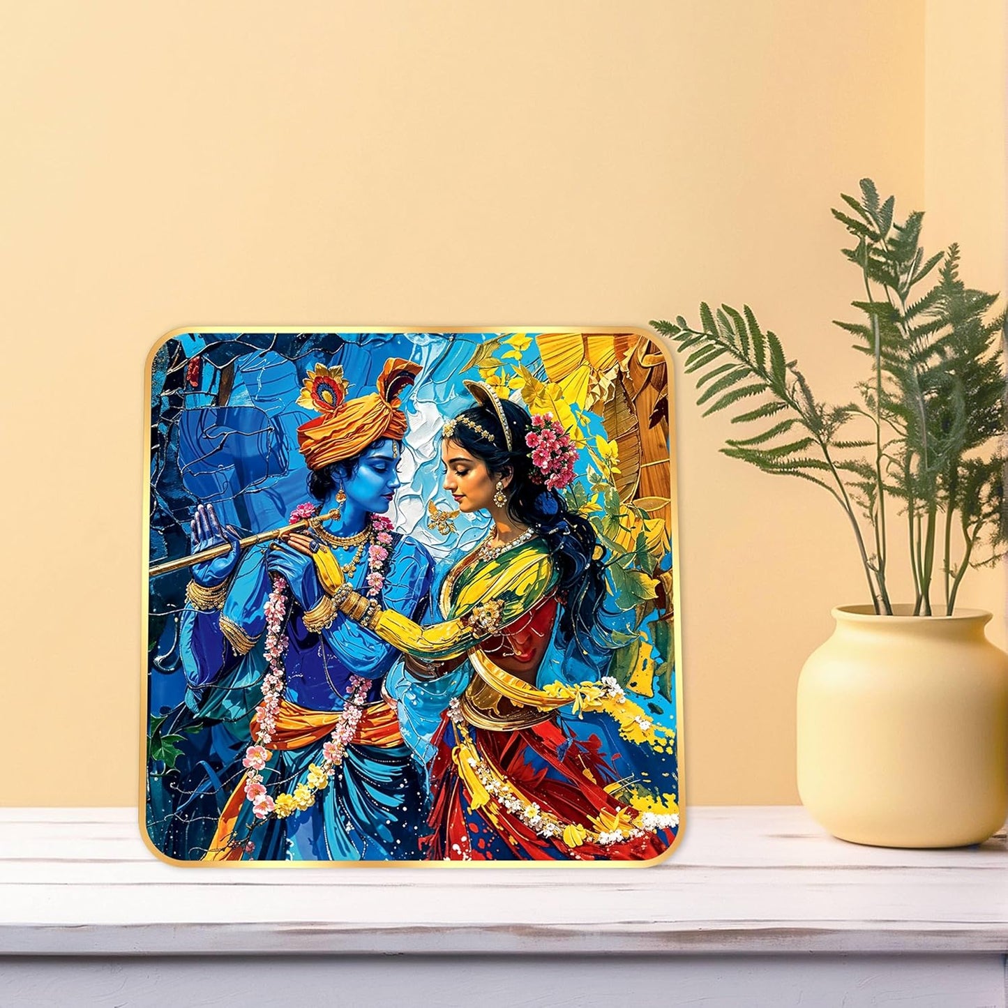 Indianara Traditional Radha Krishna Art Print, Golden Frame, Premium Sparkle Lamination, 40 cm x 40 cm