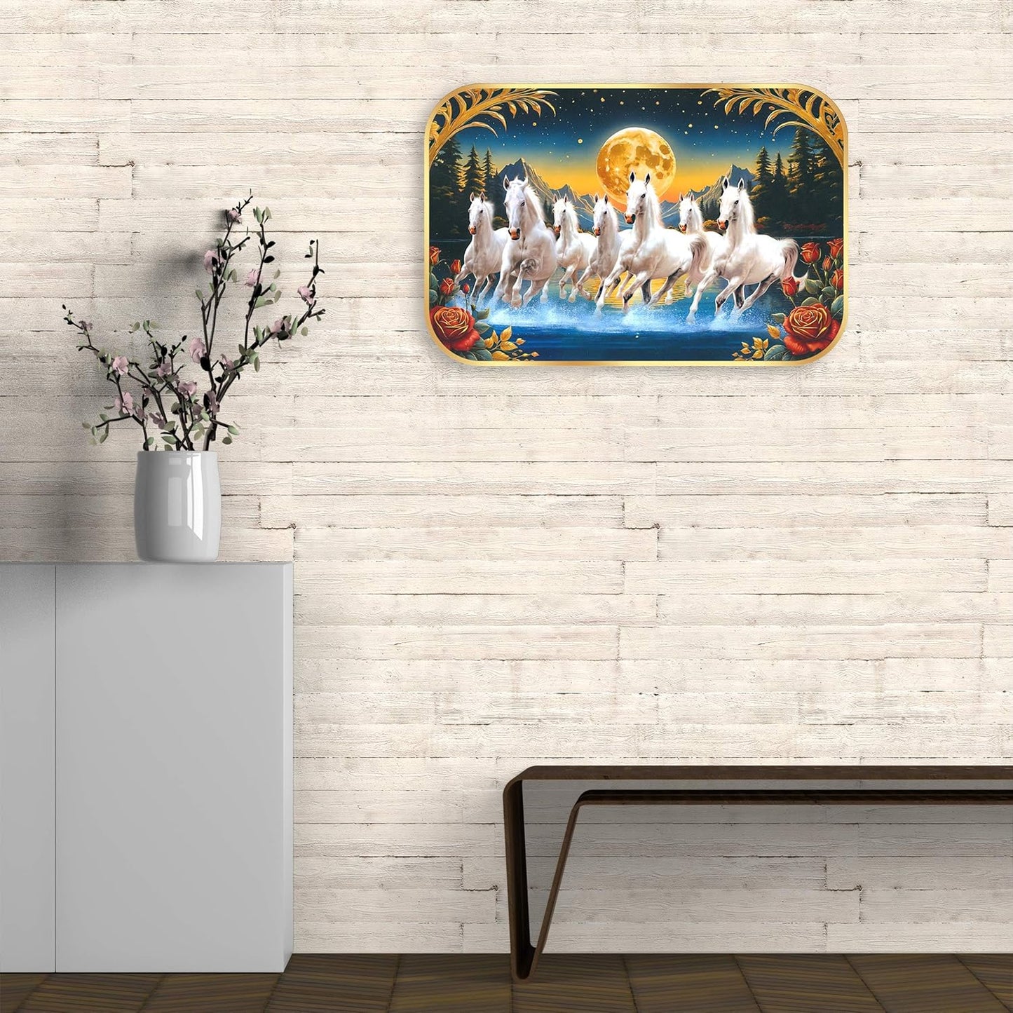 Indianara Seven Running White Horses Wall Art, Gold Frame, Night Scene with Moon, 45 x 30 cm (10914)