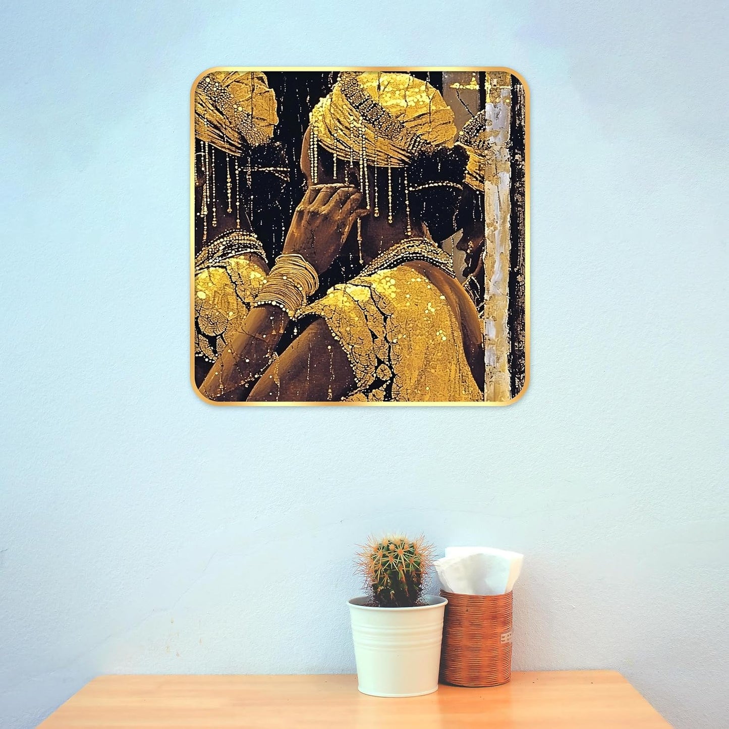 Indianara Tribal Art Wall Painting, Modern Design, Golden Frame, 40 cm x 40 cm, Premium Sparkle Lamination (6602)