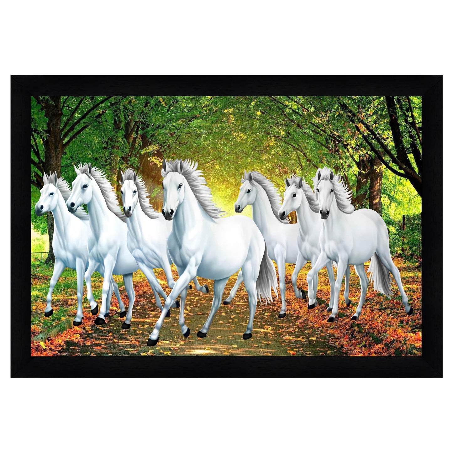 Indianara Vastu Runing Seven Horses Painting With Frame 13 Inches X 10 Inches (Style 1)