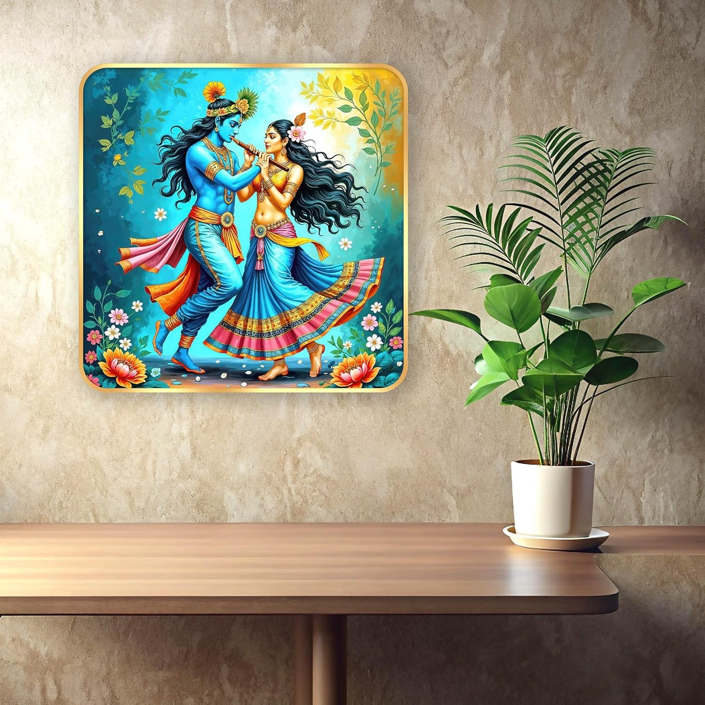 Indianara Traditional Radha Krishna Art Print, Golden Frame, Premium Sparkle Lamination, 40 cm x 40 cm (6674)