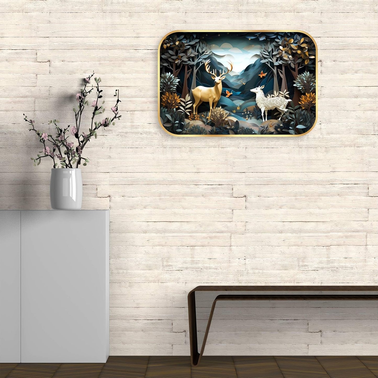 Indianara Enchanted Forest Wall Art, Gold Frame, 45 x 30 cm, Whimsical Deer Design, Indoor Decorative Print, Matte Finish