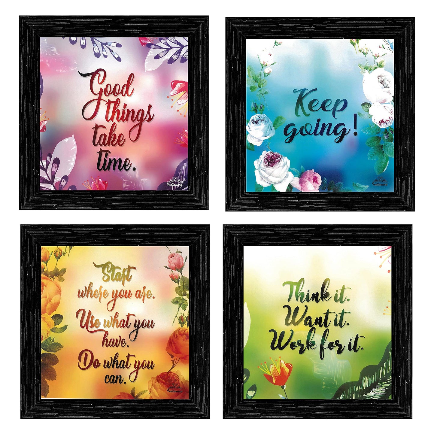 Indianara Motivational Quote Framed Wall Hanging Laminated Painting, 9.5 inch x 9.5 inch, Multi, Set of 4 (Style 3)