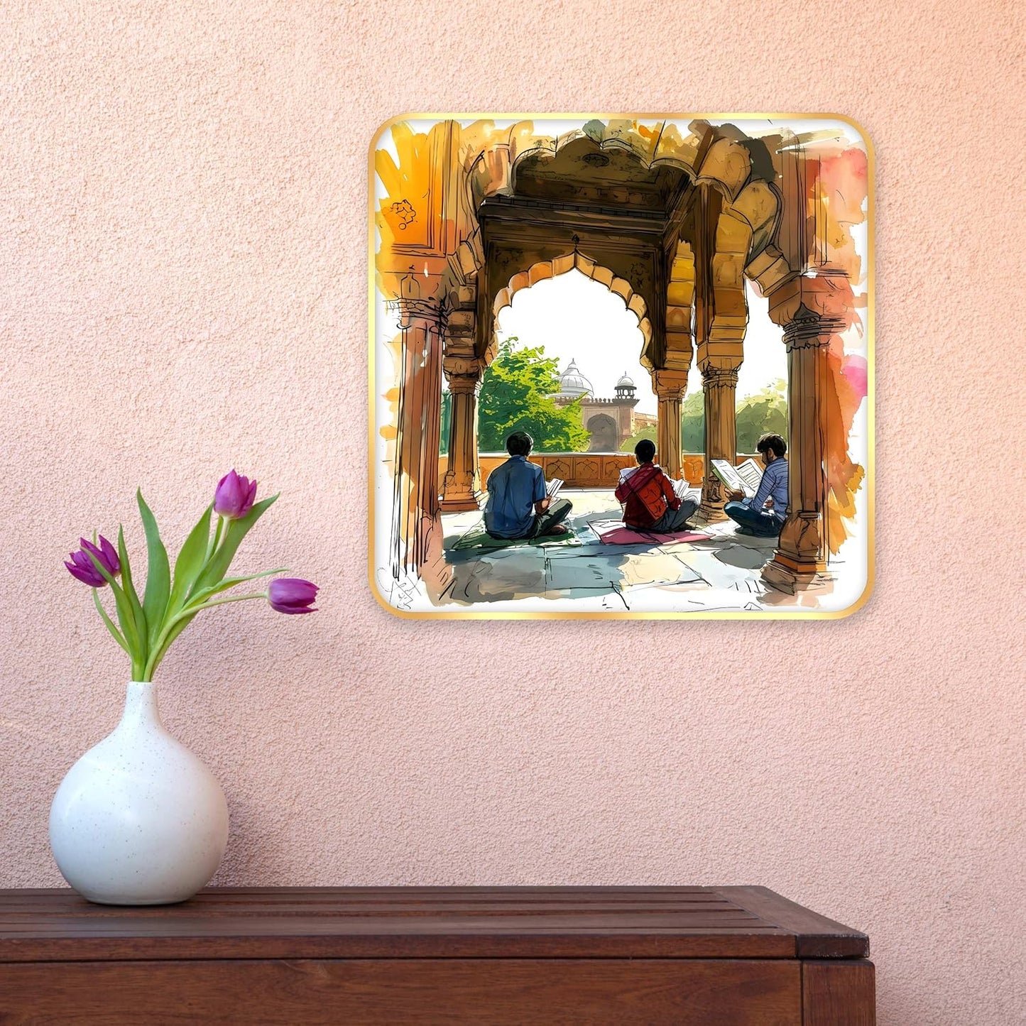 Indianara Traditional Indian Art Wall Painting, Architectural Scene, Premium Sparkle Lamination, Golden Frame, 40 cm x 40 cm (6603)
